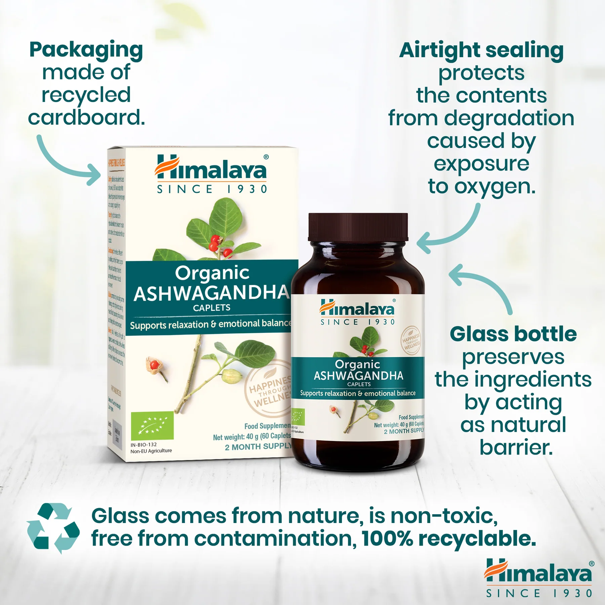 Verpakking Himalaya Ashwagandha van gerecycled karton met glazen pot