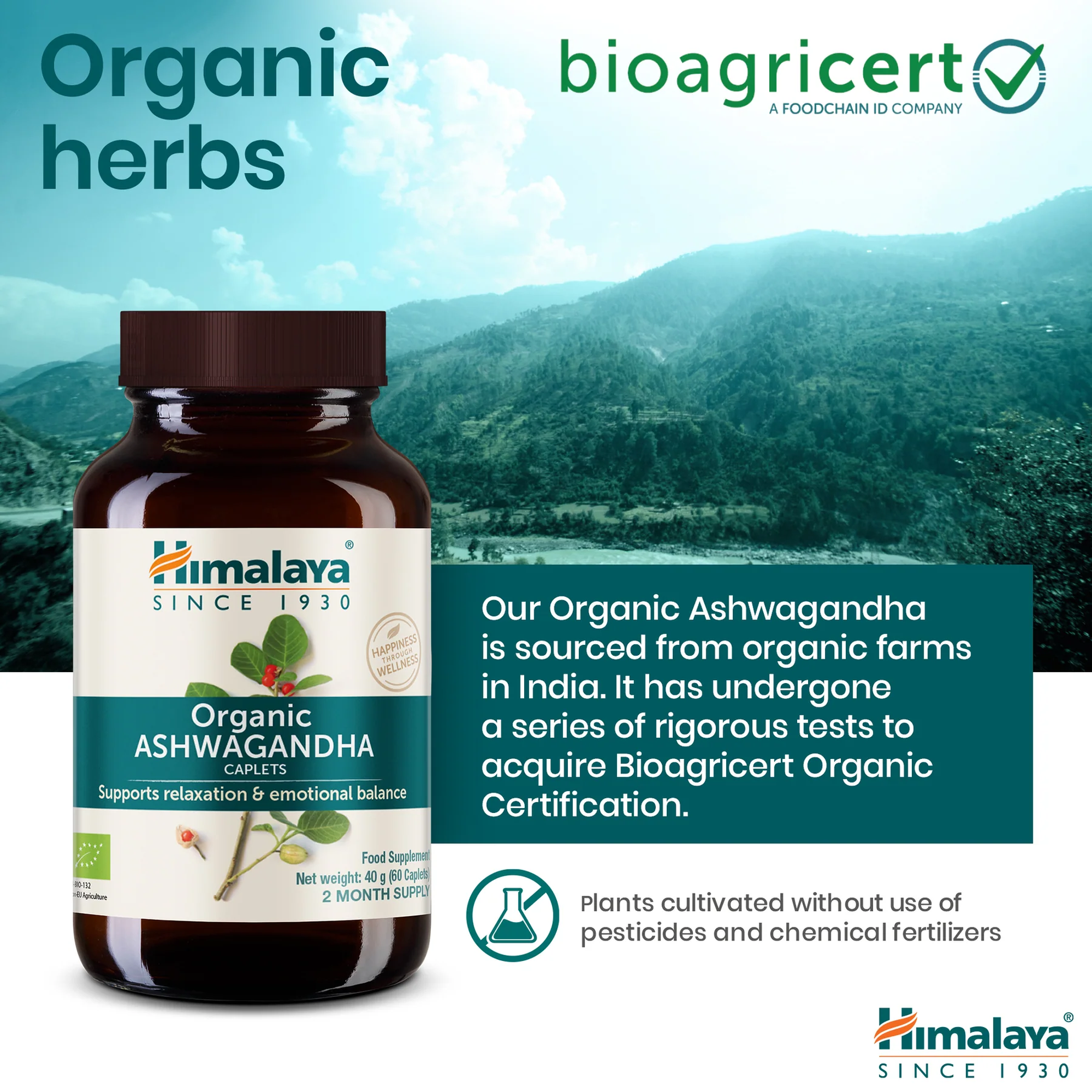 Himalaya Ashwagandha met biologische kruiden, gecertificeerd door Bioagricert