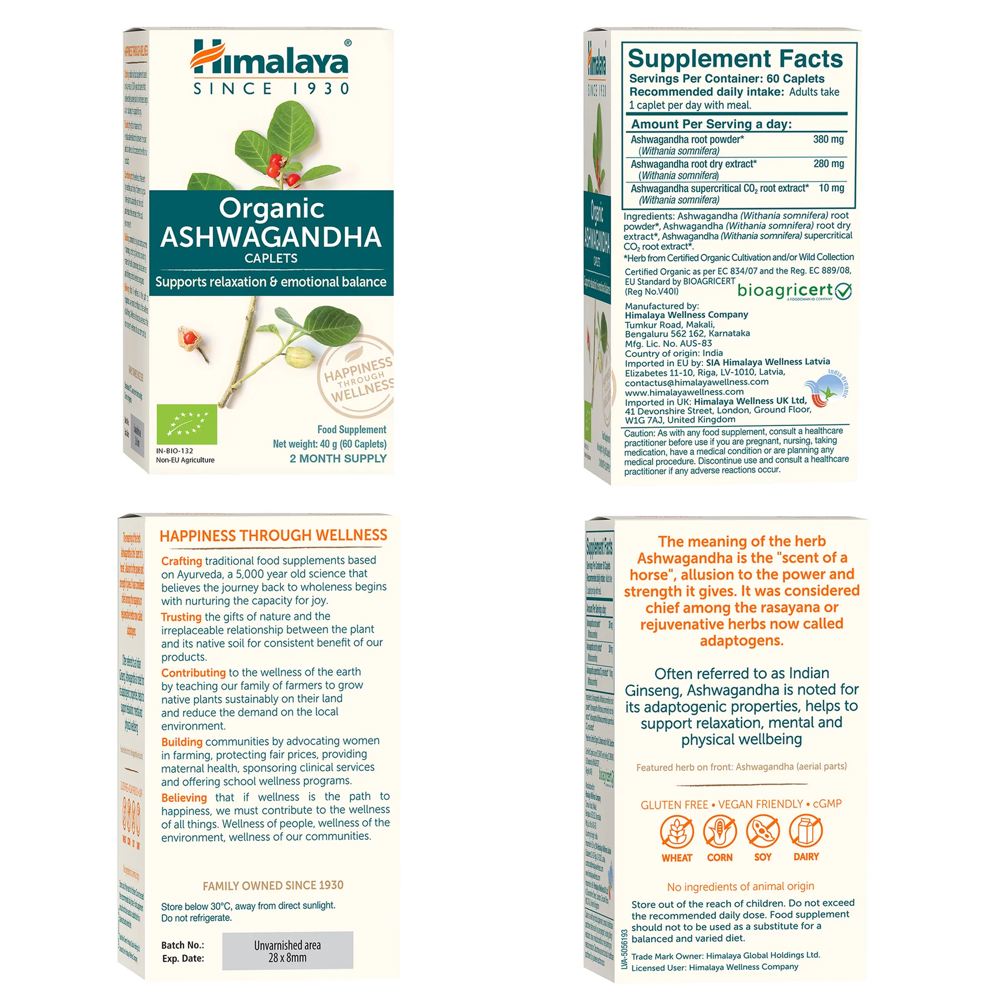 Himalaya Organic Ashwagandha verpakking met supplement facts op alle zijden