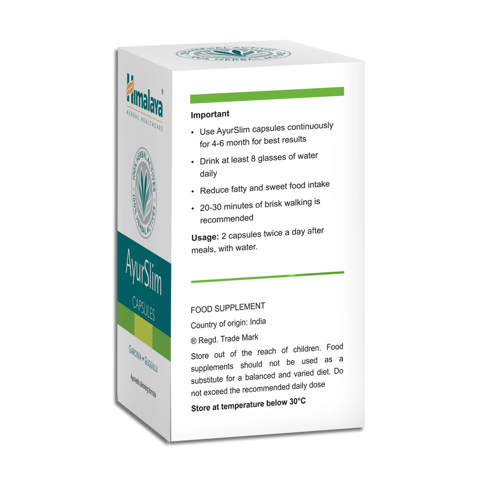Himalaya AyurSlim doos achterkant - gebruiksaanwijzing 2 capsules tweemaal daags na de maaltijd, bewaren onder 30 graden, voedingssupplement