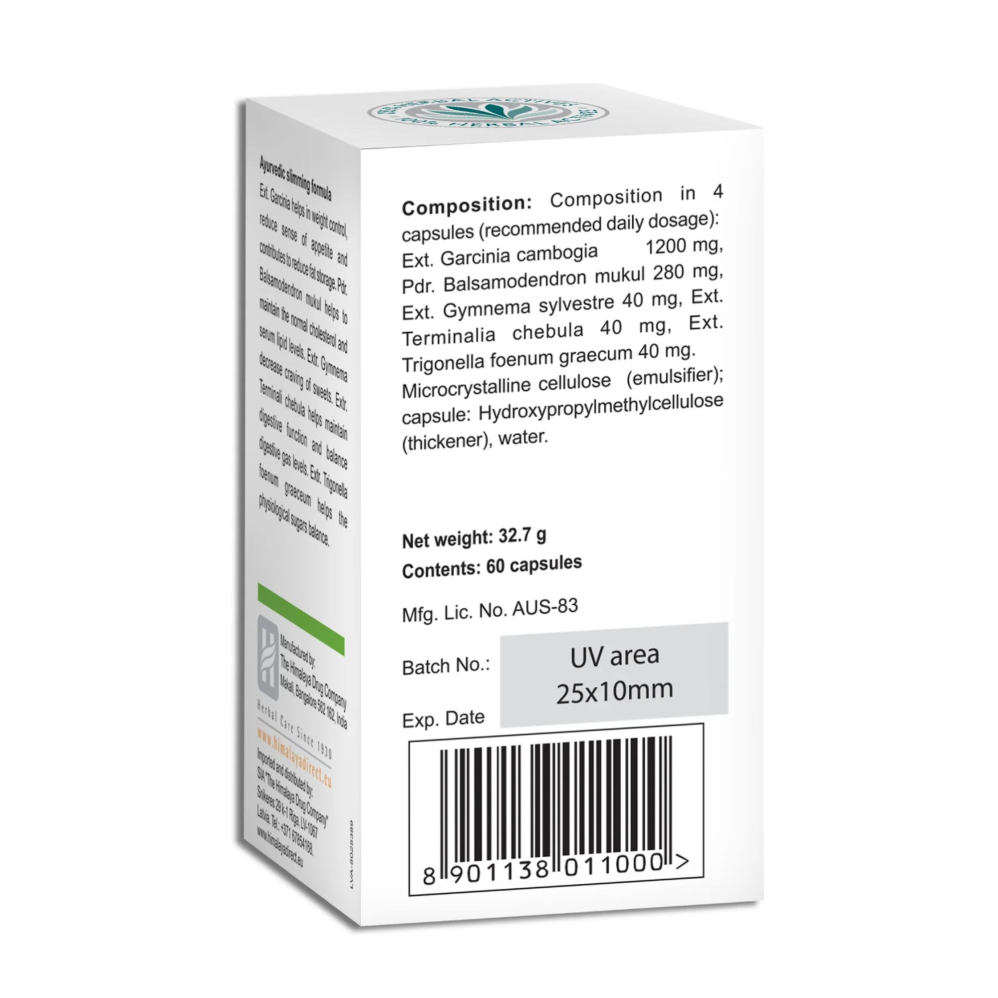 Himalaya AyurSlim samenstelling per dagdosering van 4 capsules - Garcinia cambogia 1200 mg en guggul 280 mg, 60 capsules netto 32,7 g