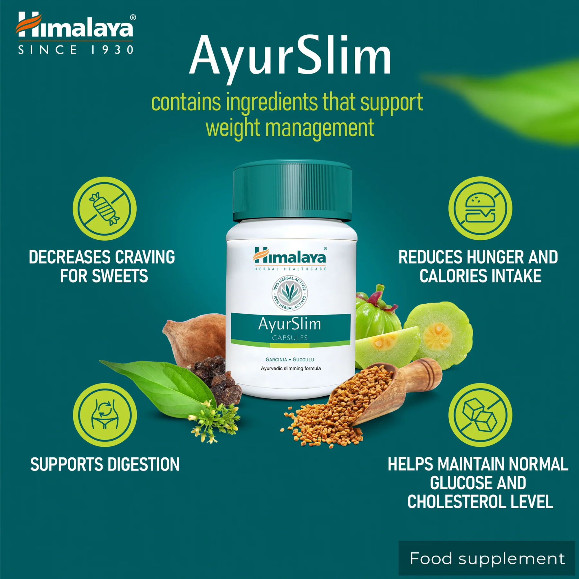 Himalaya AyurSlim ondersteunt gewichtsbeheersing - plantaardige capsules met vijf Ayurvedische kruiden, voedingssupplement