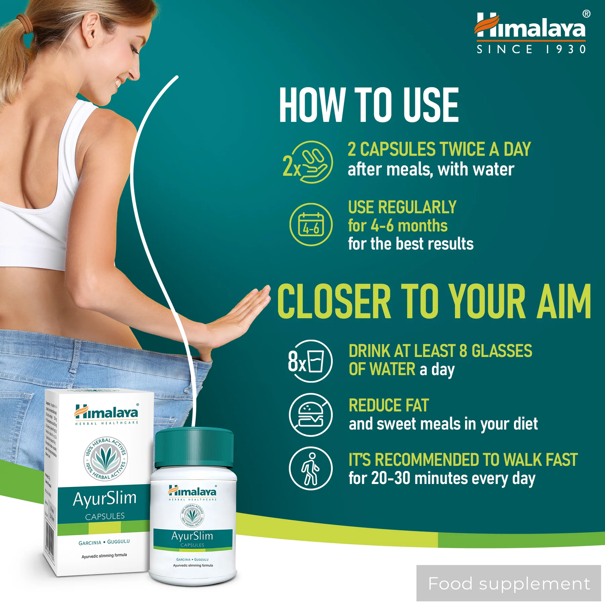 Himalaya AyurSlim gebruiksadvies - 2 capsules tweemaal daags, kuur van 4 tot 6 maanden, voldoende water en dagelijkse beweging