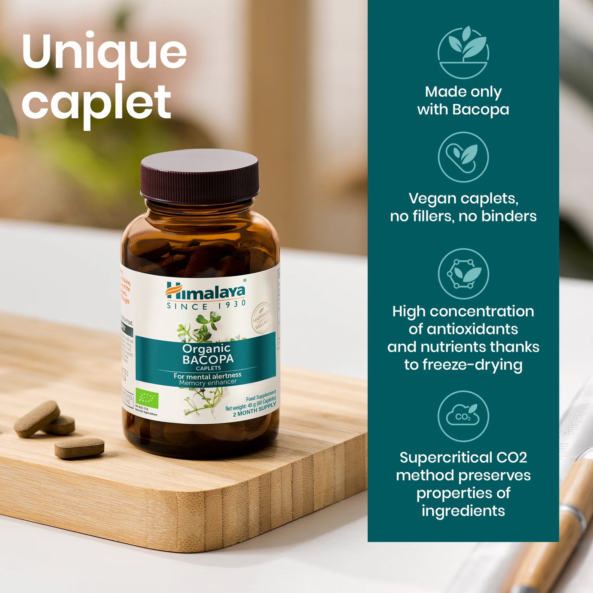Himalaya Bacopa unieke caplet, vegan en zonder vulstoffen