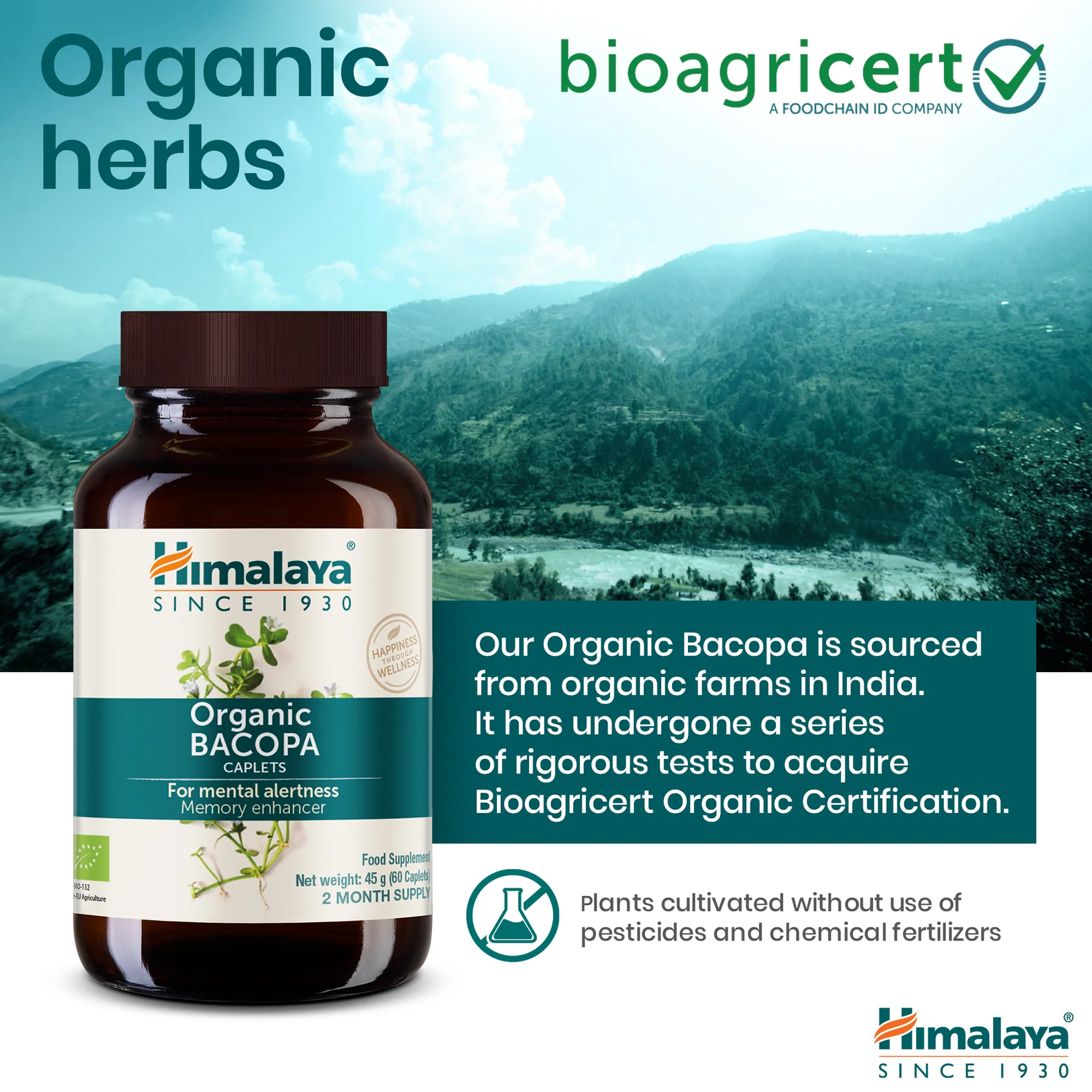 Himalaya Bacopa biologische kruiden, gecertificeerd door Bioagricert