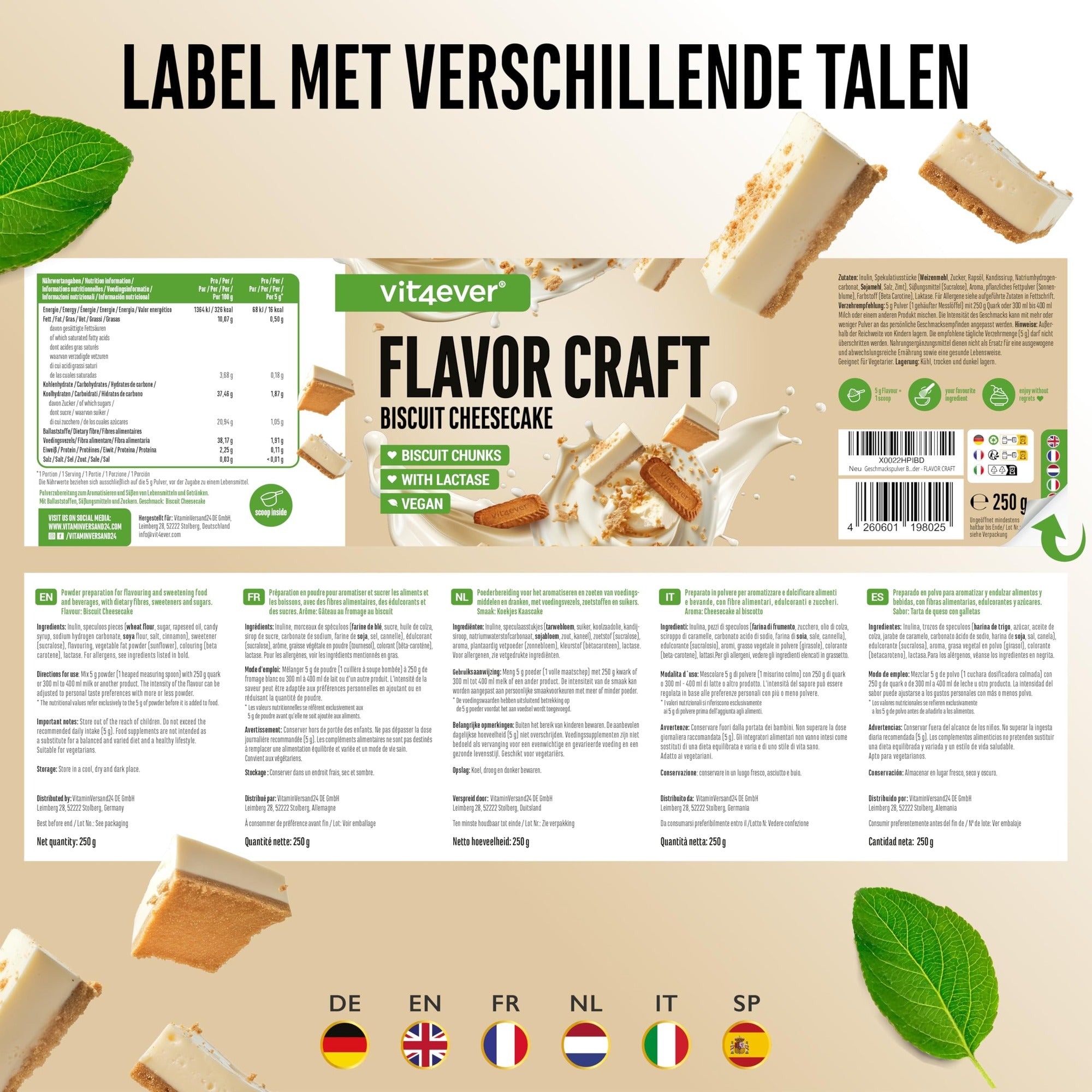 Etiket en ingrediënten Vit4ever Flavor Craft Biscuit cheesecake smaakpoeder 250 g