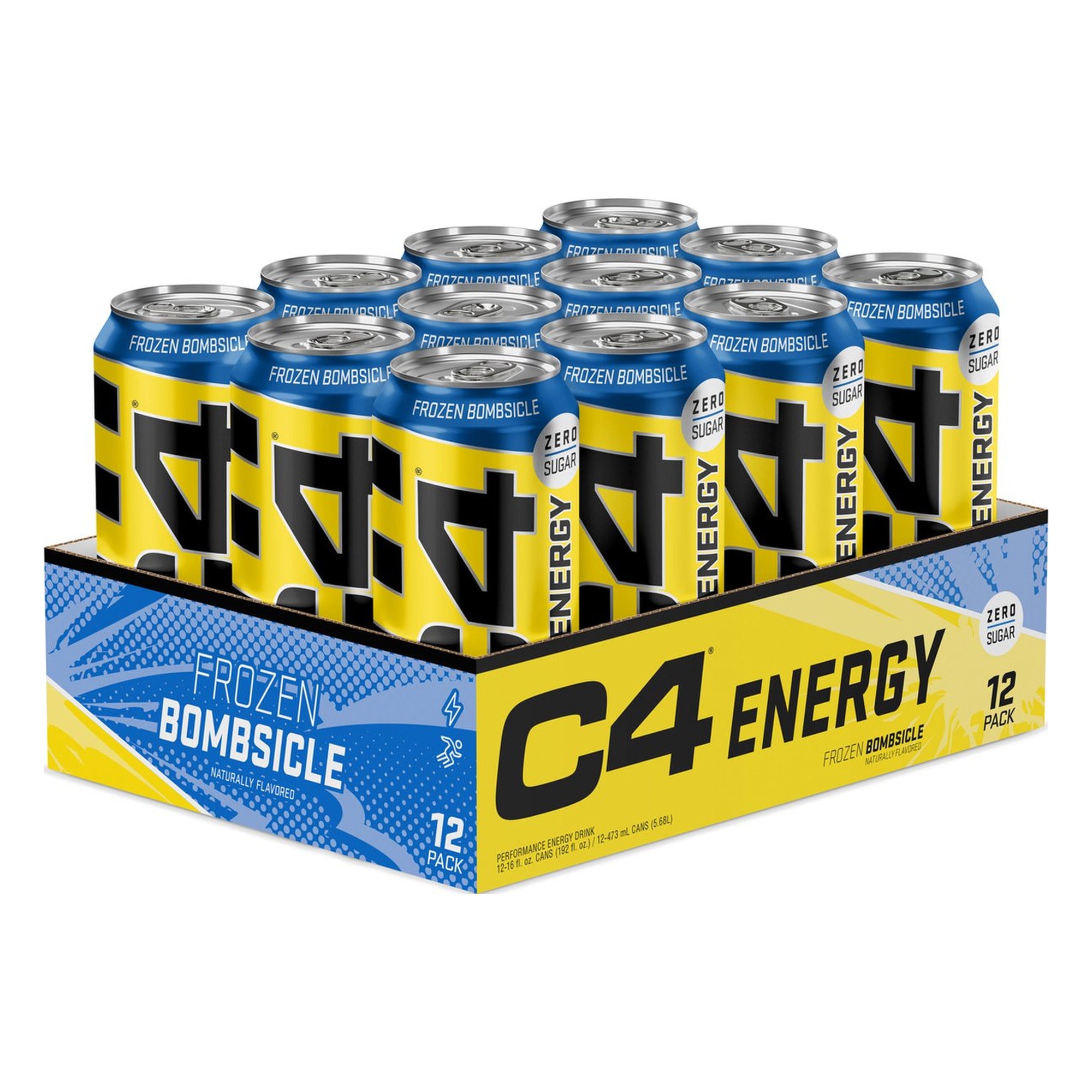 Tray met 12 blikjes Cellucor C4 Original Carbonated pre workout drink smaak Frozen Bombsicle, geel-blauwe blikjes van 500 ml, zonder suiker