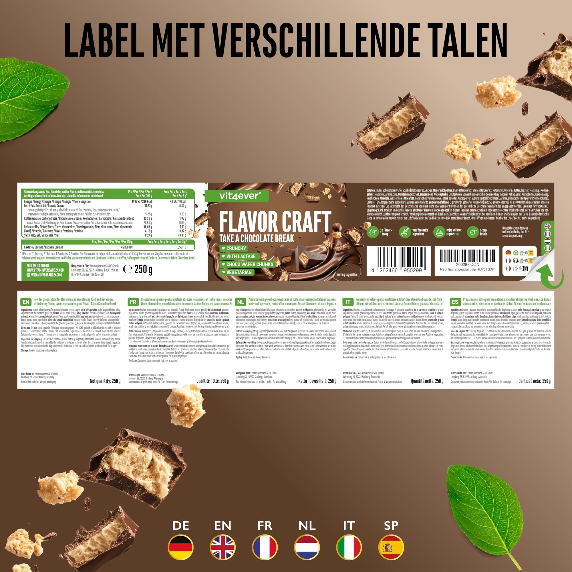 Etiket en ingrediënten Vit4ever Flavor Craft Chocoladepauze smaakpoeder 250 g