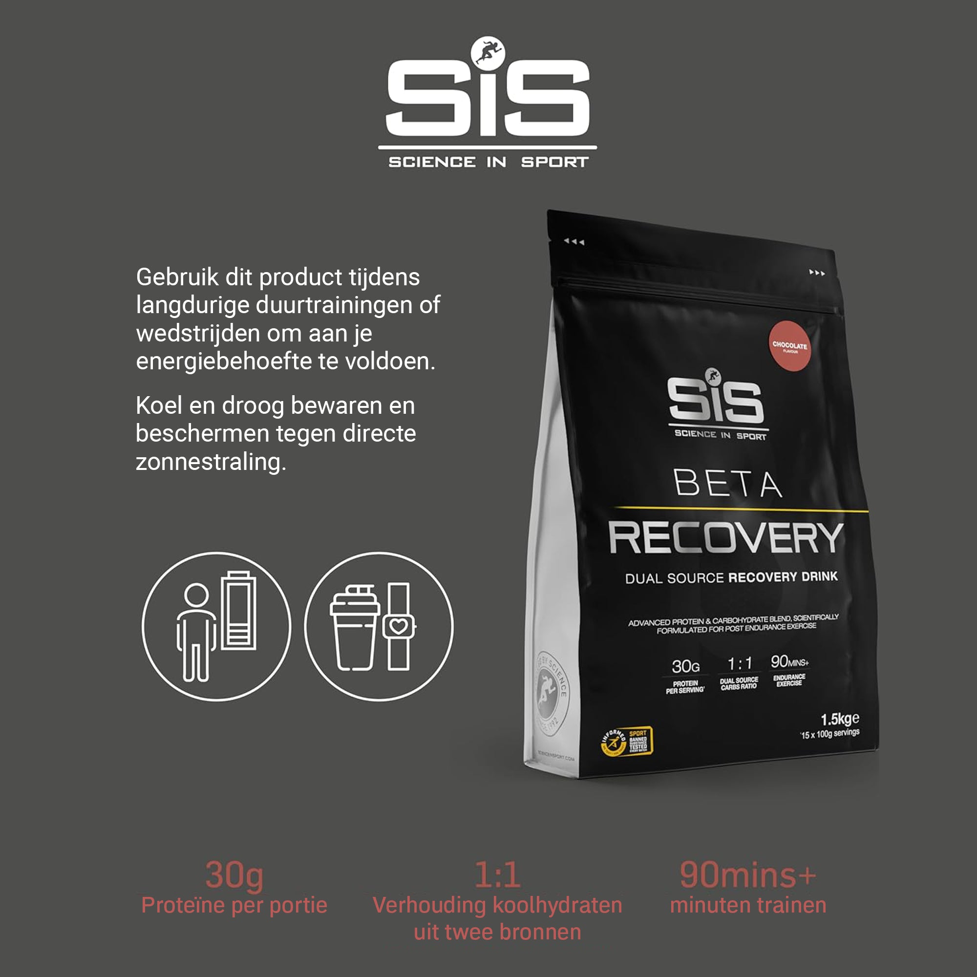 #Inhoud_1500g Gebruiksaanwijzing SiS BETA Recovery Chocolade 1.5kg voor duurtraining met 30g eiwit en 1:1 koolhydraten