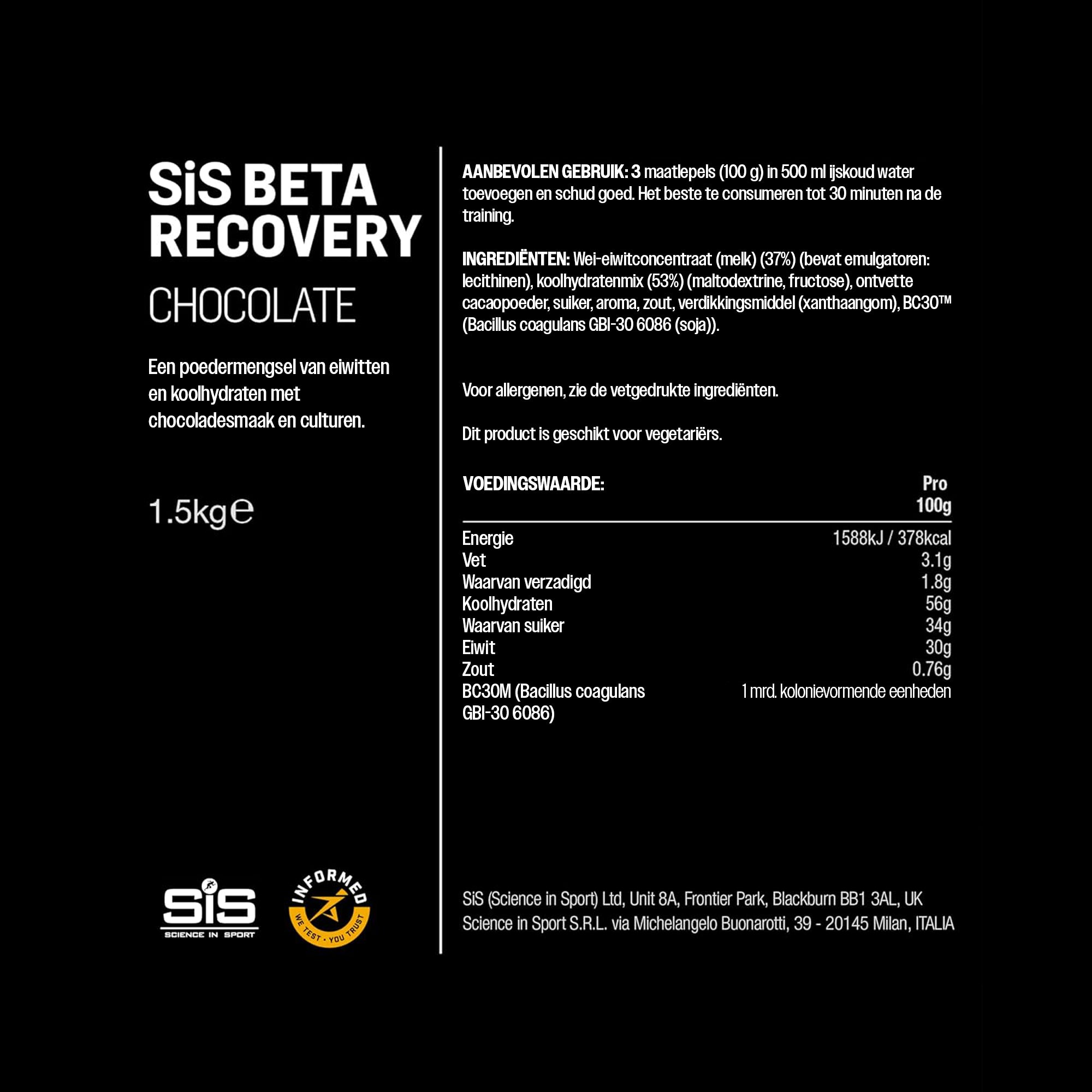 Voedingswaarden en ingrediënten SiS BETA Recovery Chocolade 1.5kg herstelshake met 30g eiwit per portie