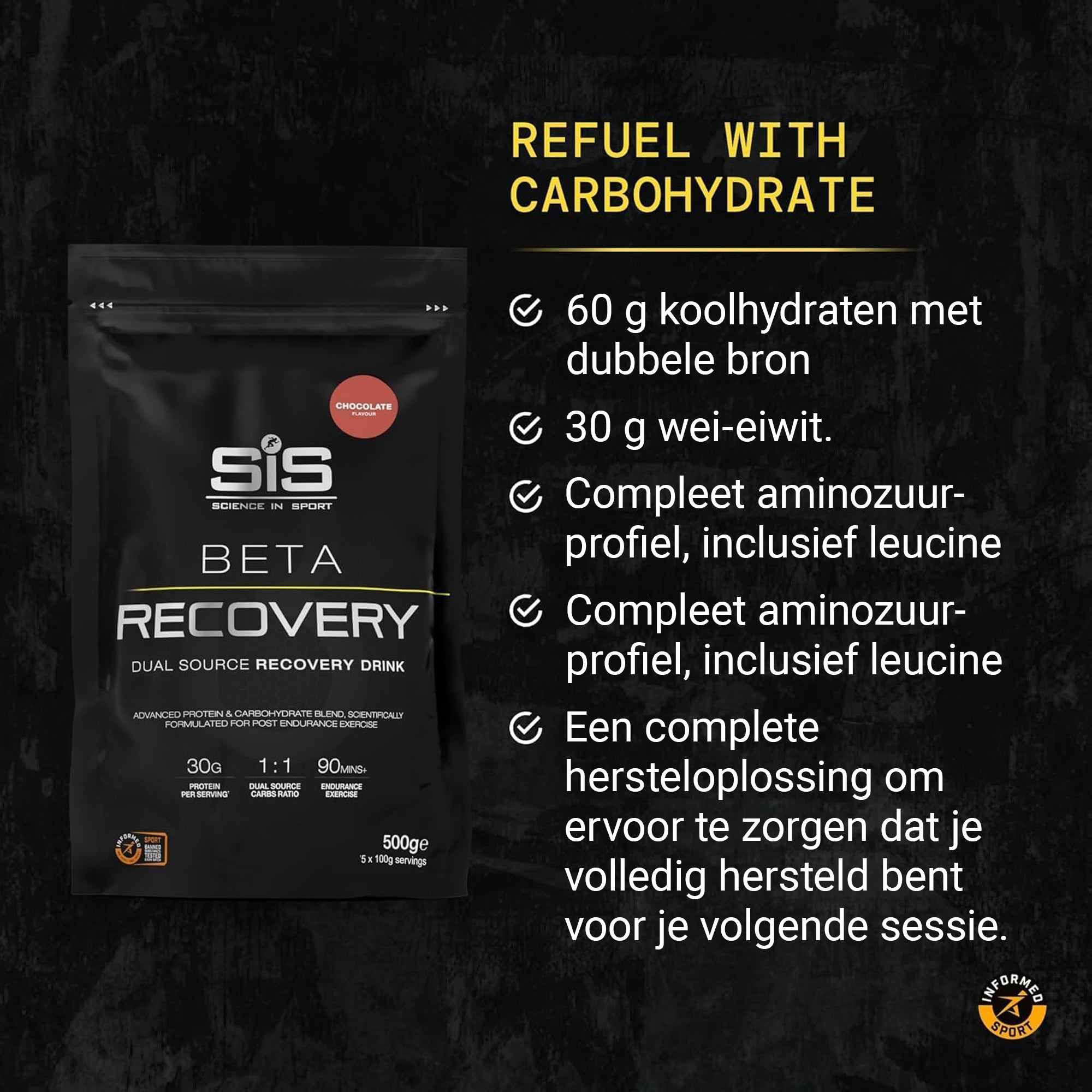 #Inhoud_500g SiS BETA Recovery Chocolade 500g met 60g koolhydraten en 30g wei-eiwit voor compleet spierherstel