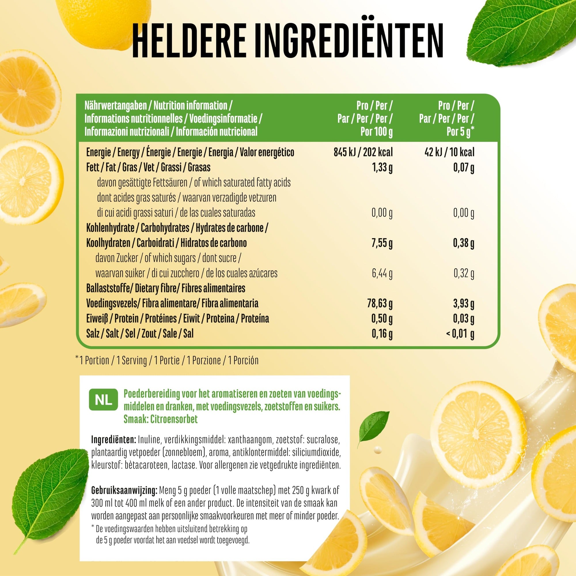 Voedingswaarden en ingrediënten Vit4ever Flavor Craft Citroen sorbet smaakpoeder 250 g