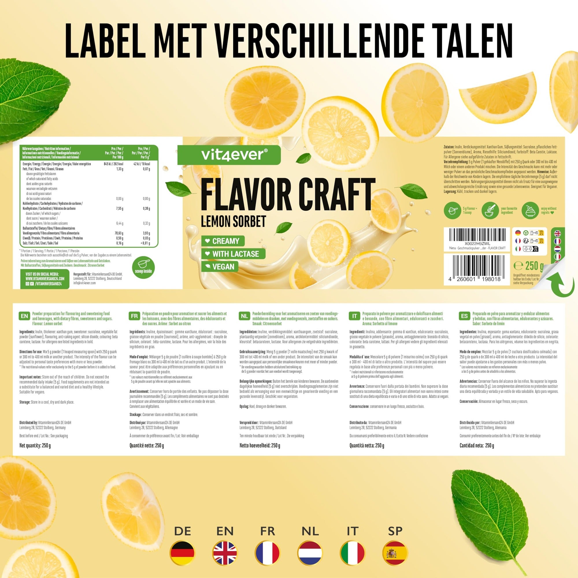 Vit4ever Flavor Craft Citroen sorbet smaakpoeder om voeding en dranken te zoeten