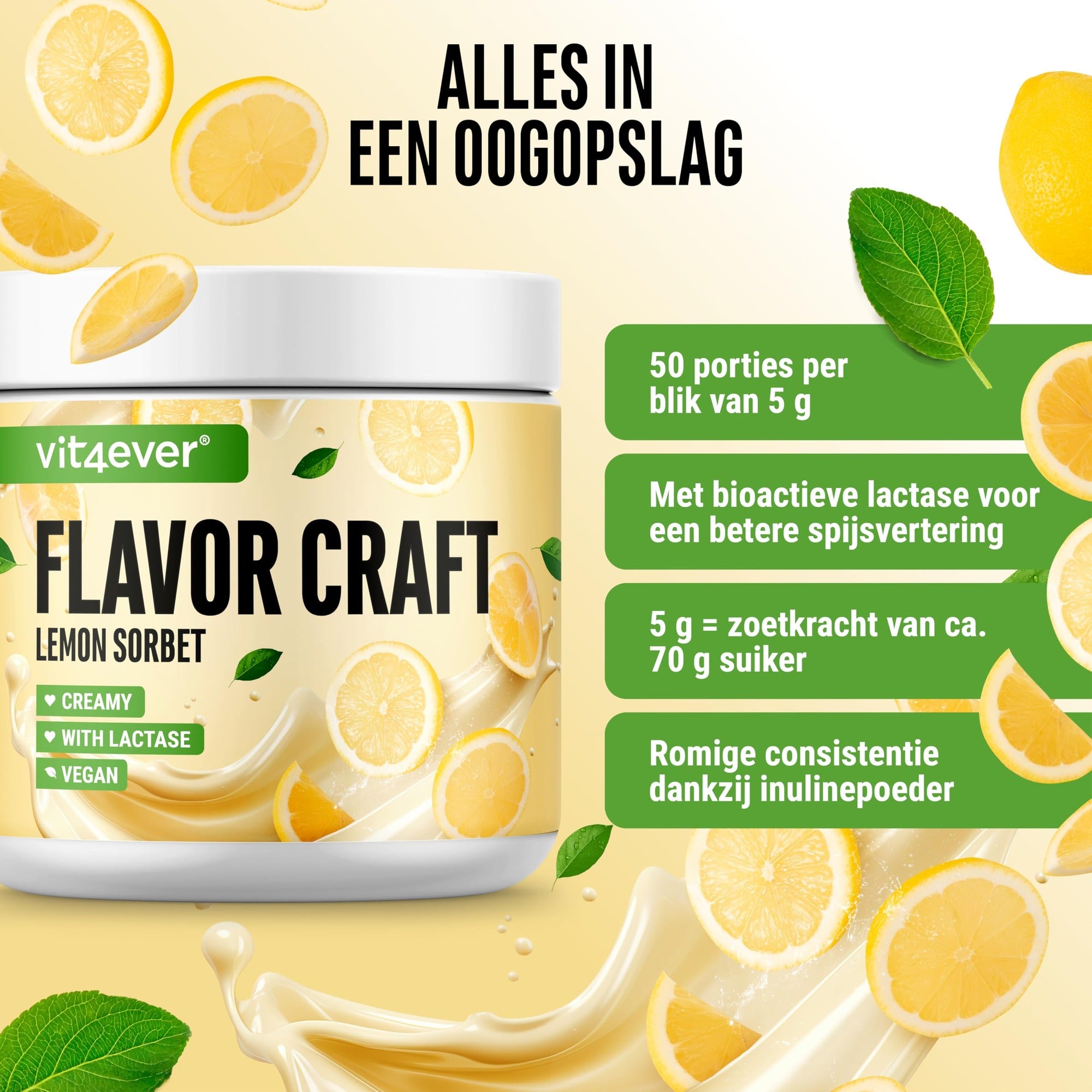 Etiket en ingrediënten Vit4ever Flavor Craft Citroen sorbet smaakpoeder 250 g