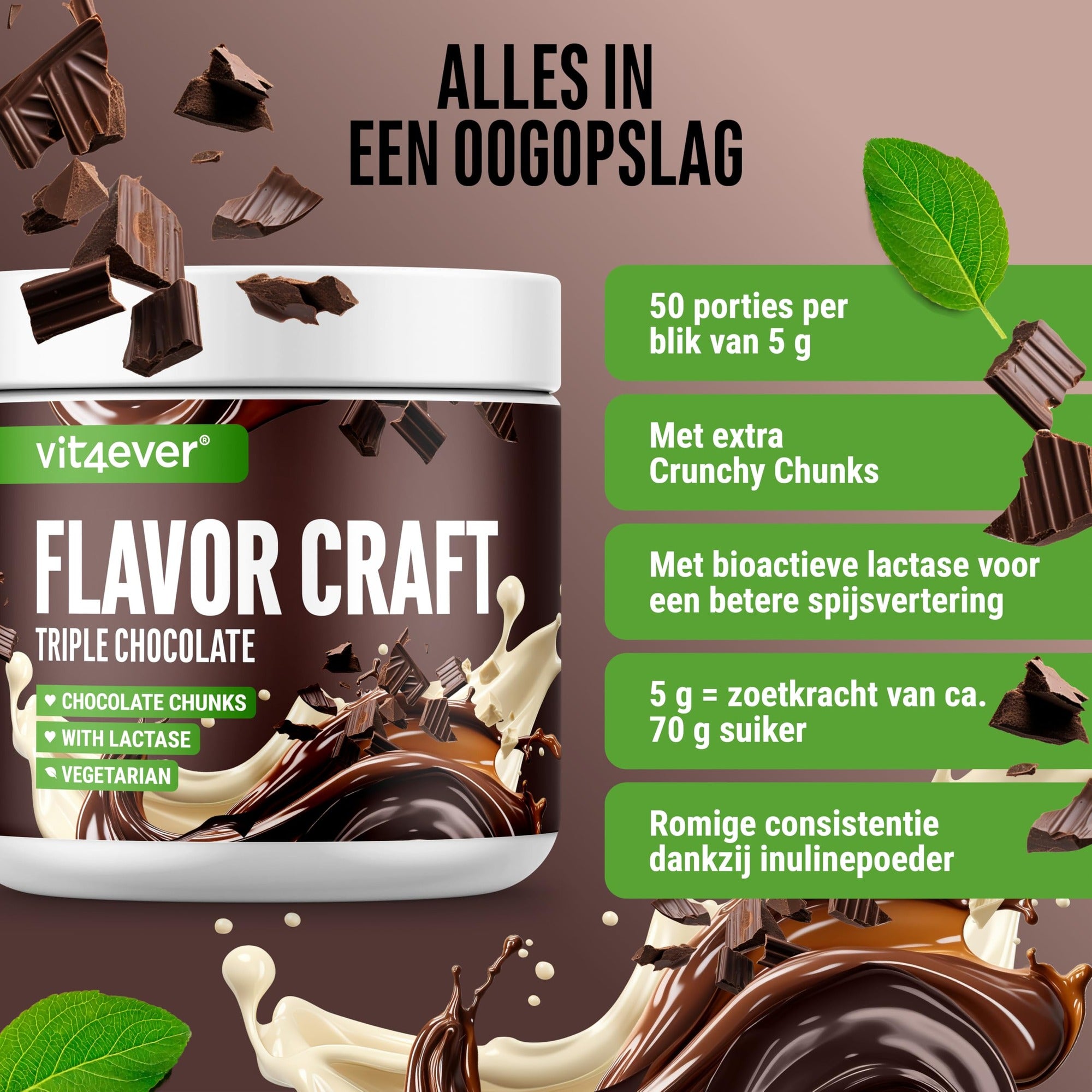 Etiket en ingrediënten Vit4ever Flavor Craft Drievoudige chocolade smaakpoeder 250 g