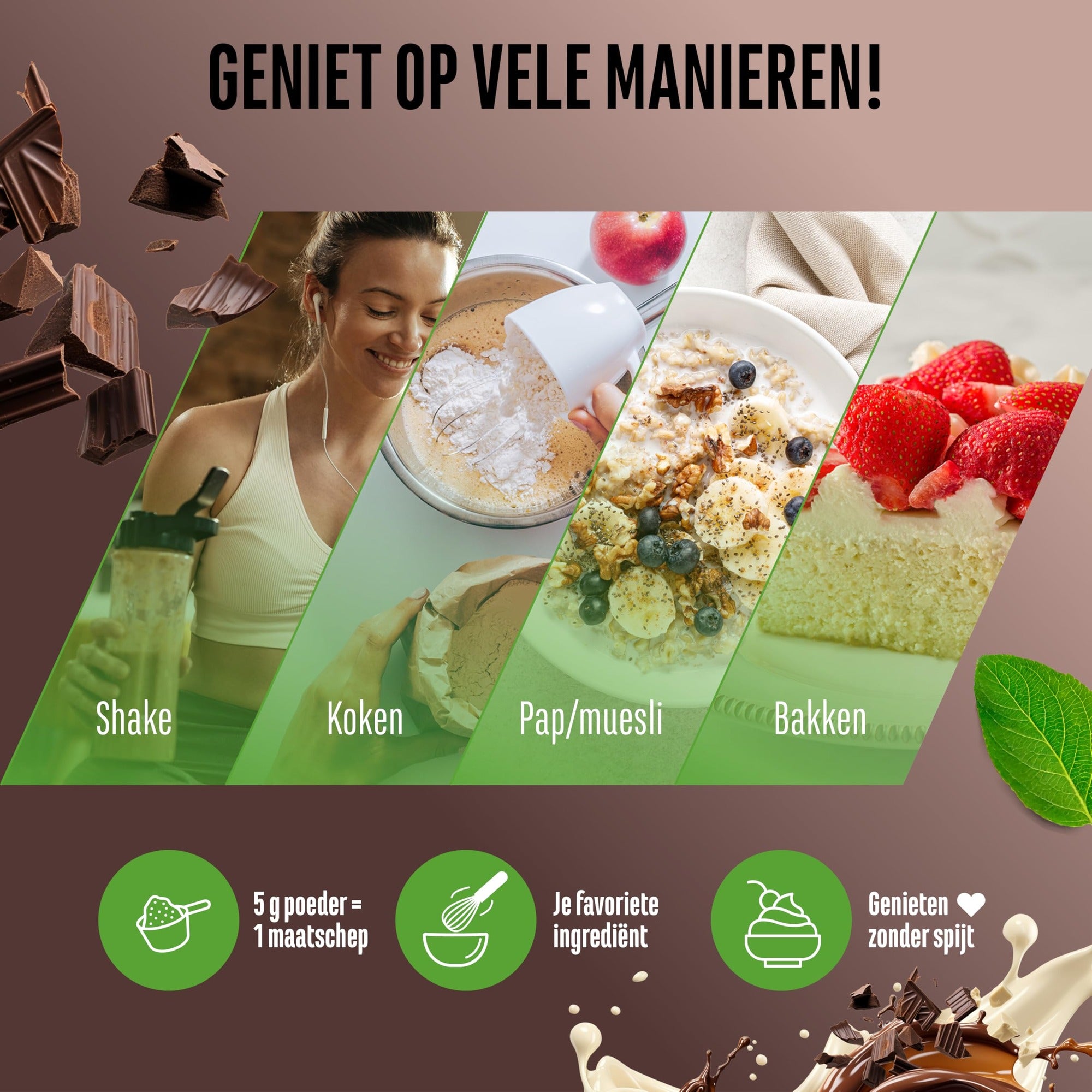 Vit4ever Flavor Craft Drievoudige chocolade smaakpoeder in shake, kwark, havermout en baksels
