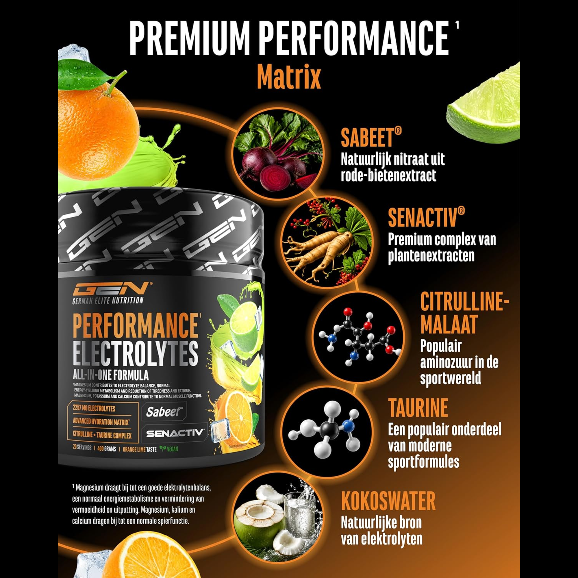 Performance Electrolytes premium matrix met Sabeet Senactiv citrulline taurine en kokoswater