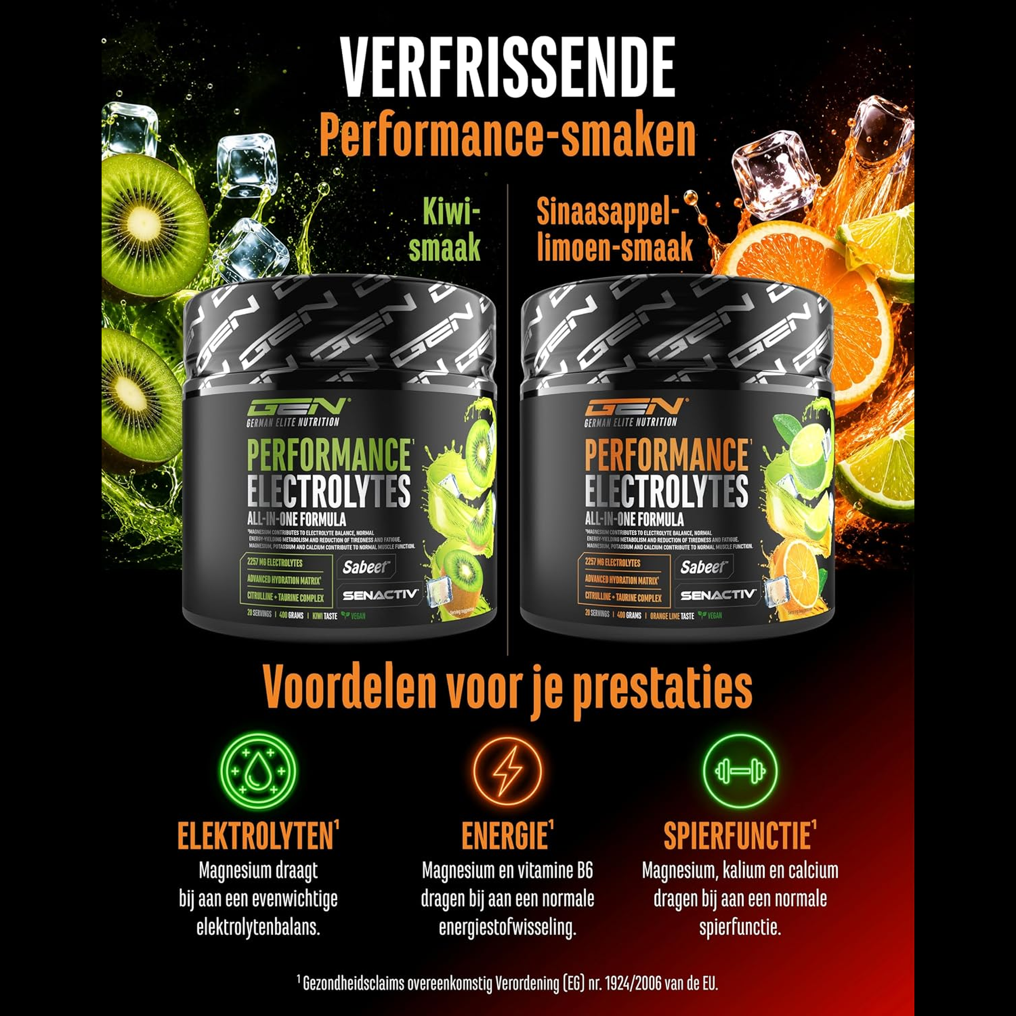 Performance Electrolytes smaken kiwi en sinaasappel-limoen met voordelen