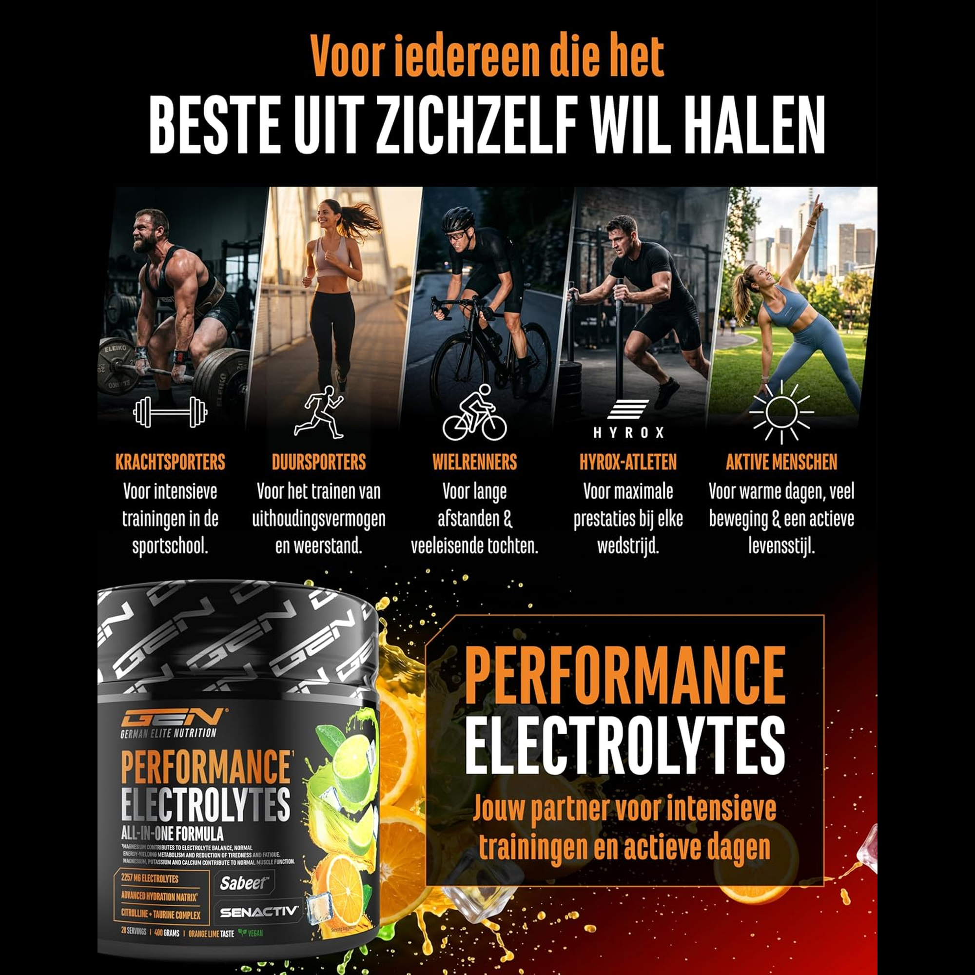 Performance Electrolytes voor krachtsporters duursporters wielrenners en hyrox-atleten