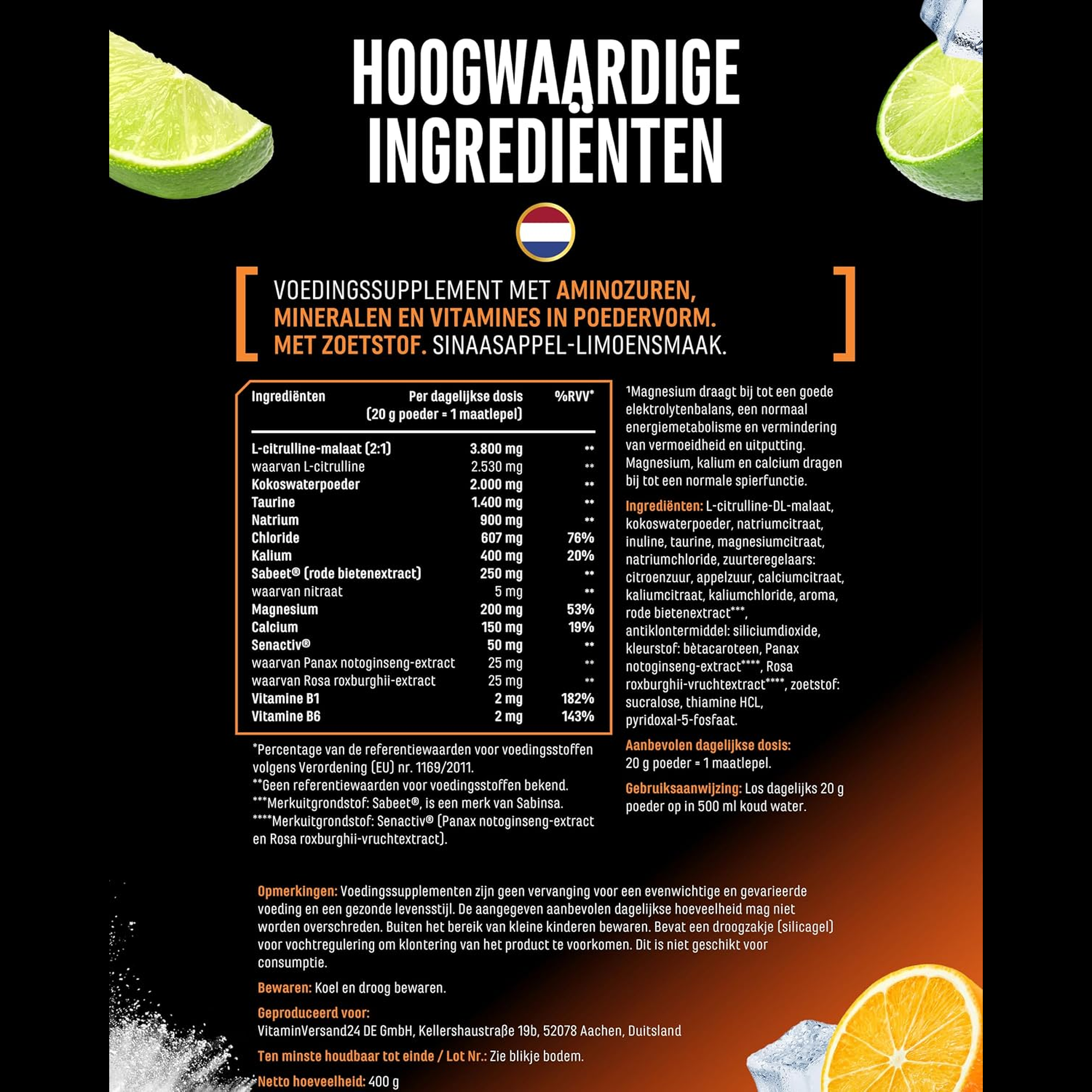 Performance Electrolytes ingredienten en voedingswaarden per portie