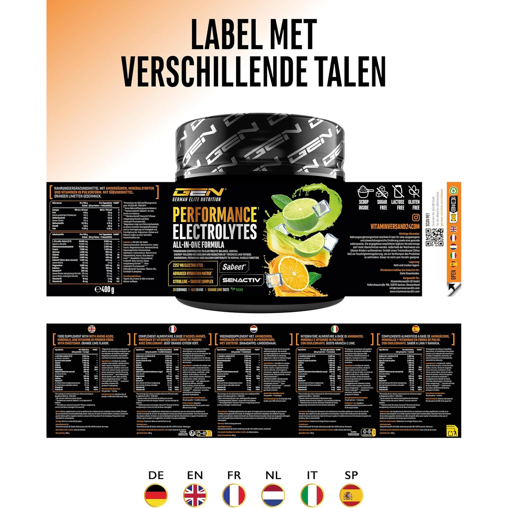 Performance Electrolytes etiket in meerdere talen