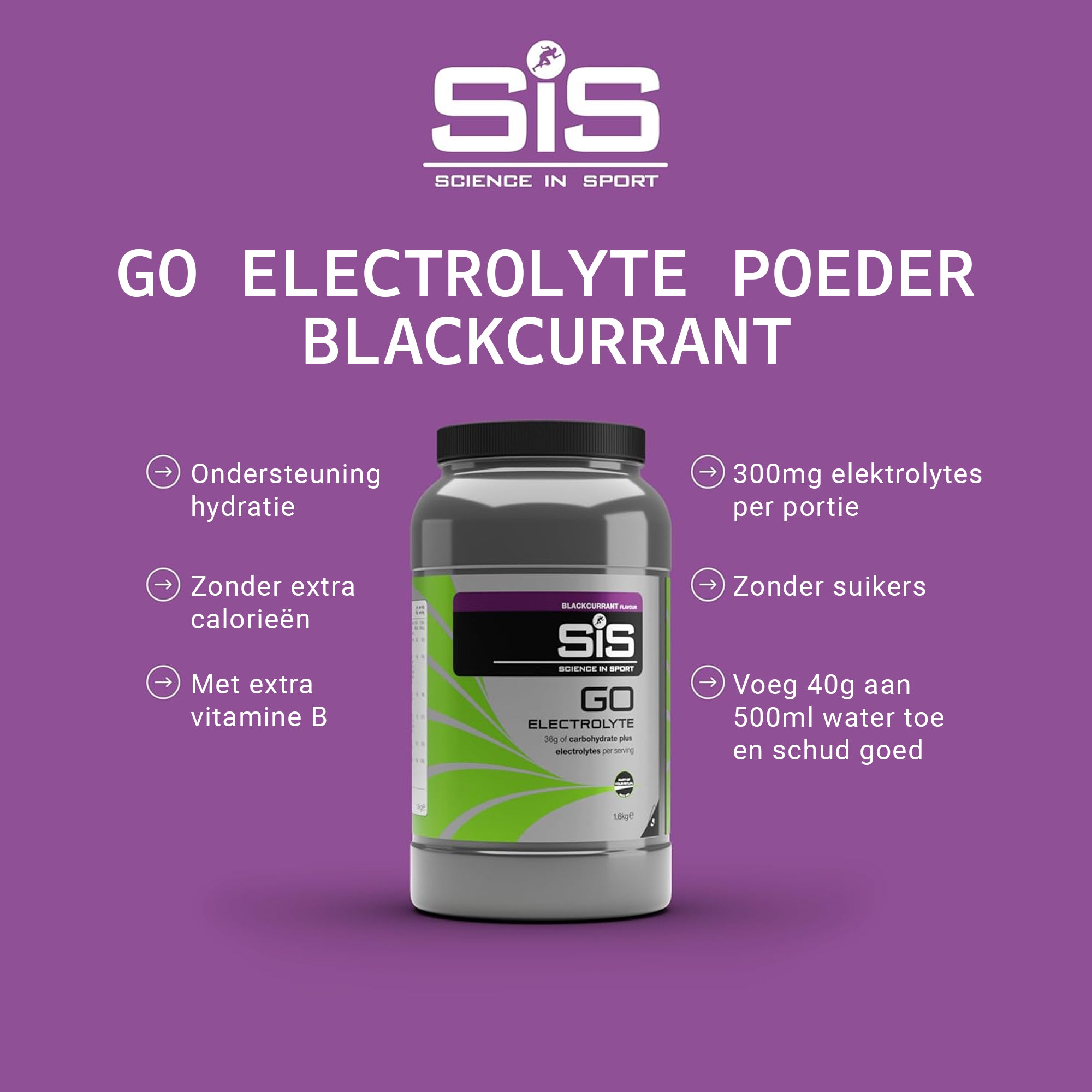 #Inhoud_1600g Vooraanzicht van de 1,6 kg verpakking SiS GO Electrolyte Blackcurrant poeder voor duursporters.