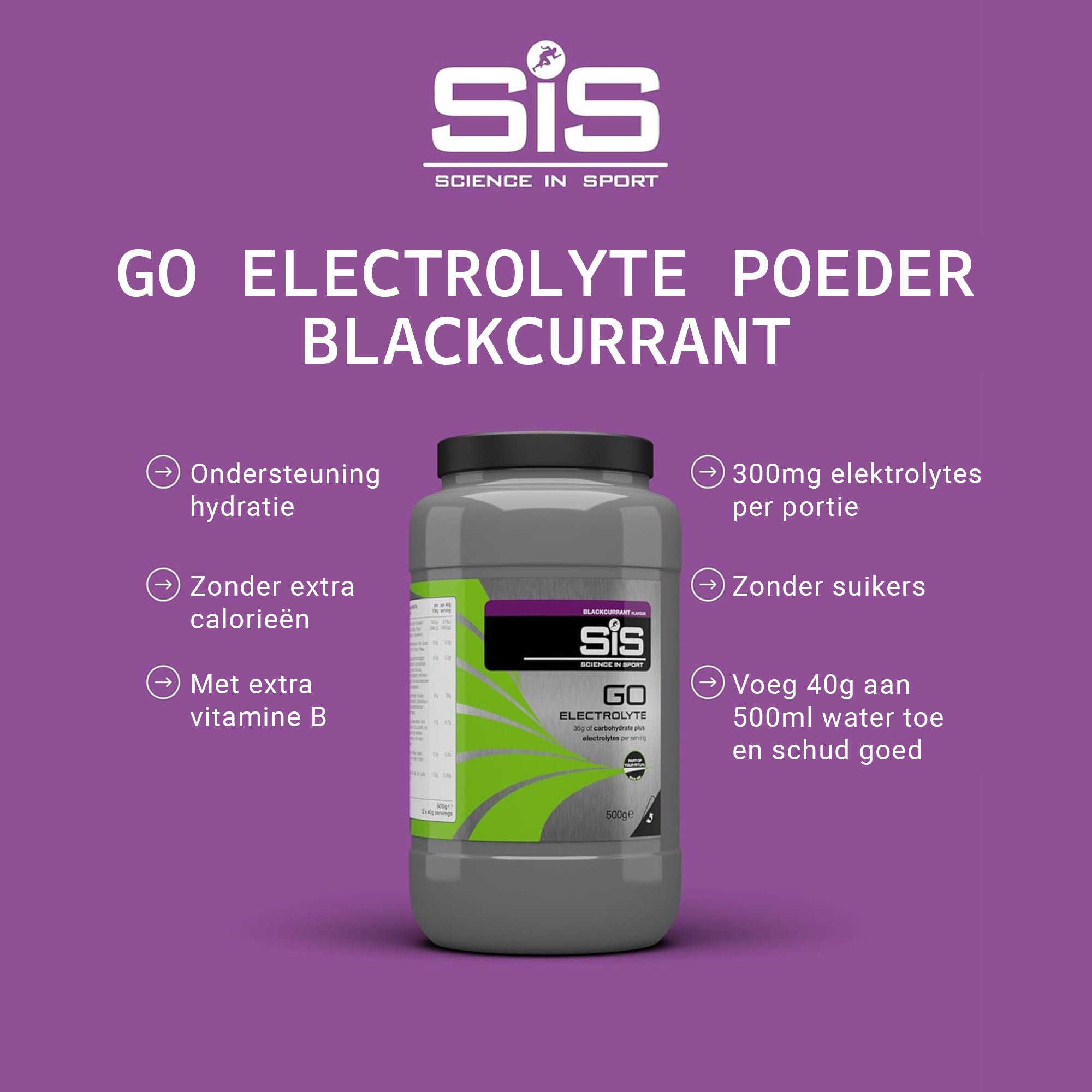#Inhoud_500g Vooraanzicht van de Science in Sport (SiS) GO Electrolyte koolhydraten en elektrolyten poeder, 500g zwarte bes.