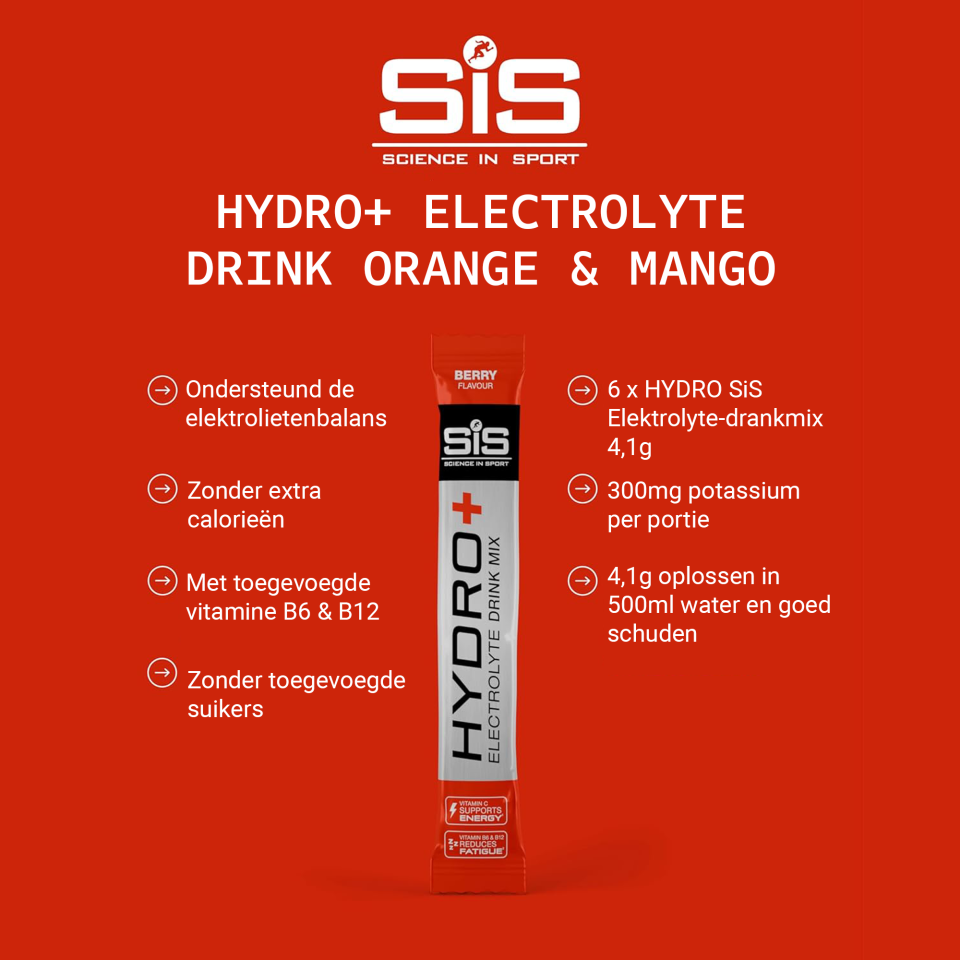 SiS Hydro+ Drink Mix Berry productvoordelen infographic - zonder suikers, met vitamine B6 en B12