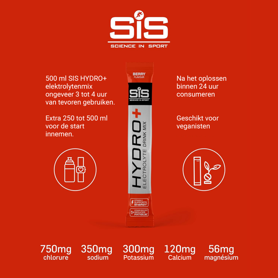 SiS Hydro+ Drink Mix gebruiksaanwijzing Berry - 5 elektrolyten waaronder 300mg kalium en 56mg magnesium