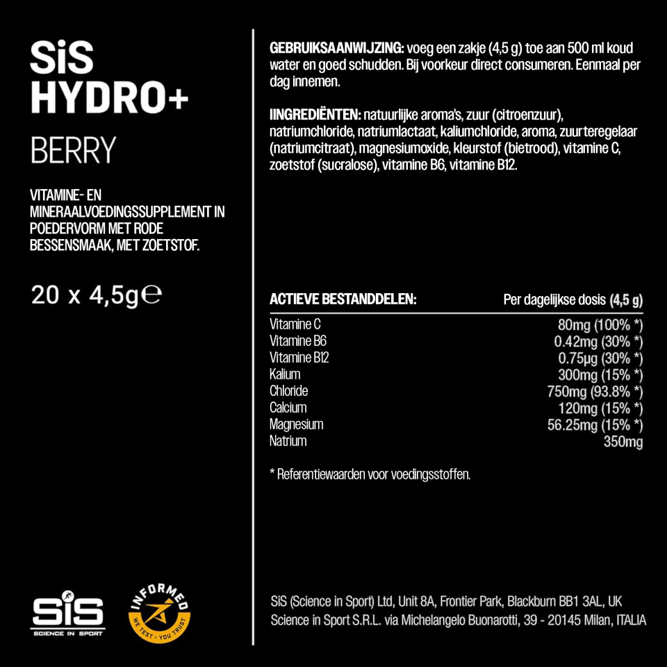 Voedingswaarden en ingrediënten SiS Hydro+ Berry - vitamine C, B6, B12 en 5 mineralen per sachet