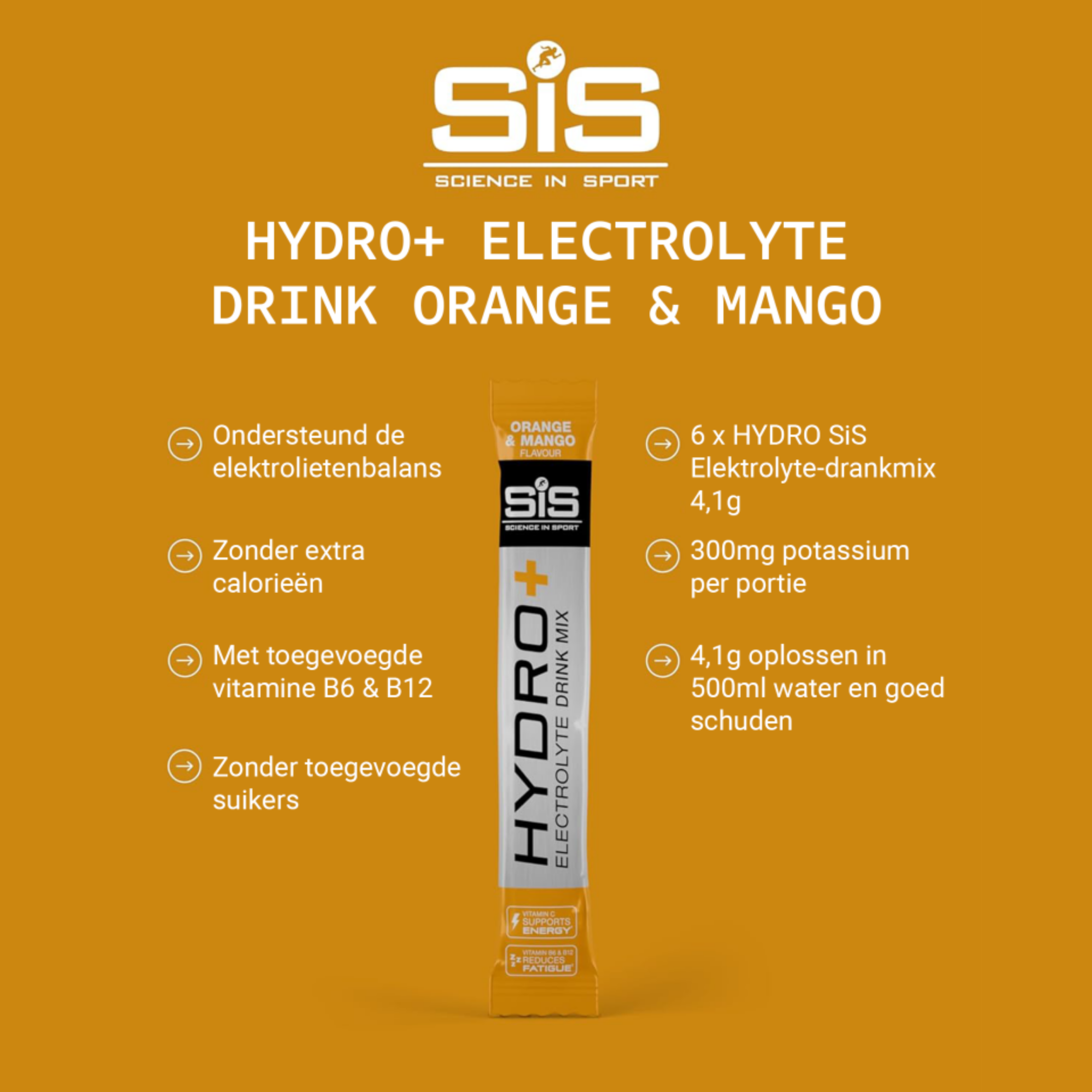 SiS Hydro+ Drink Mix Orange Mango productvoordelen - zonder suikers, met vitamine B6 en B12
