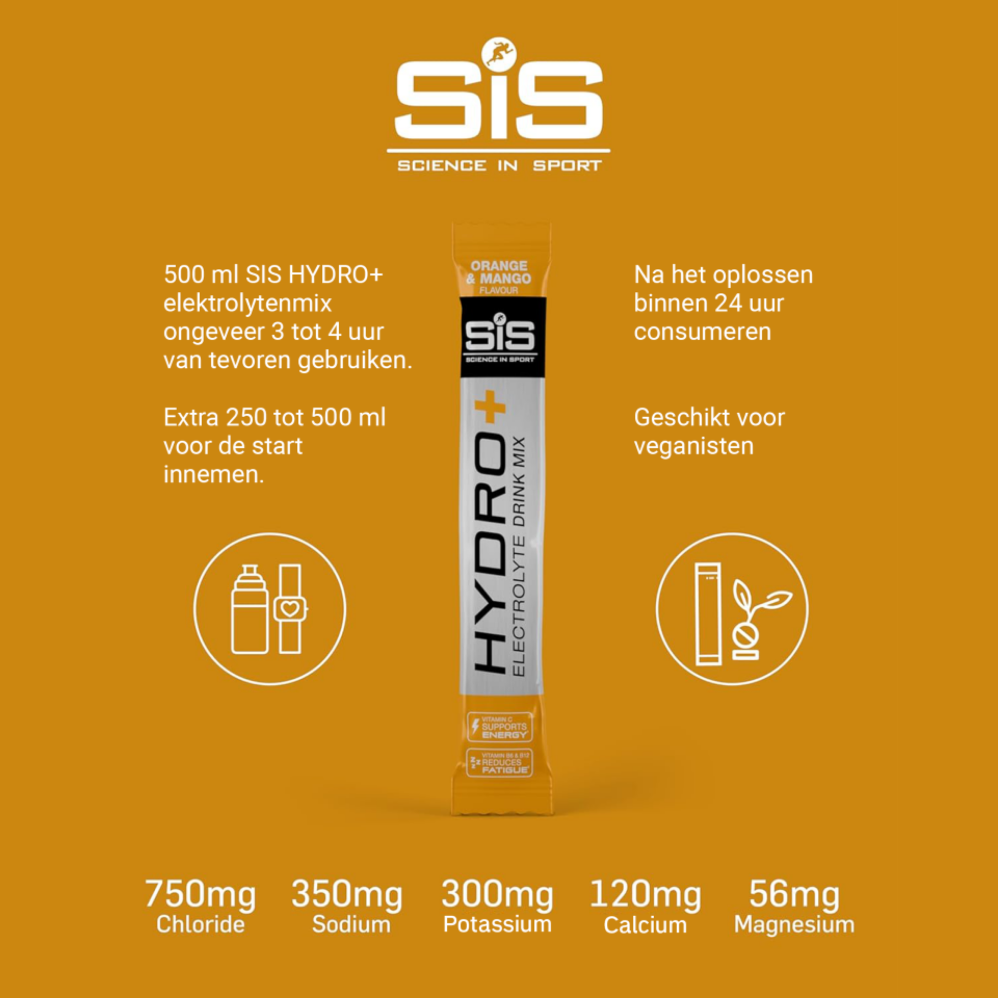 SiS Hydro+ gebruiksaanwijzing Orange Mango - 5 elektrolyten, geschikt voor veganisten