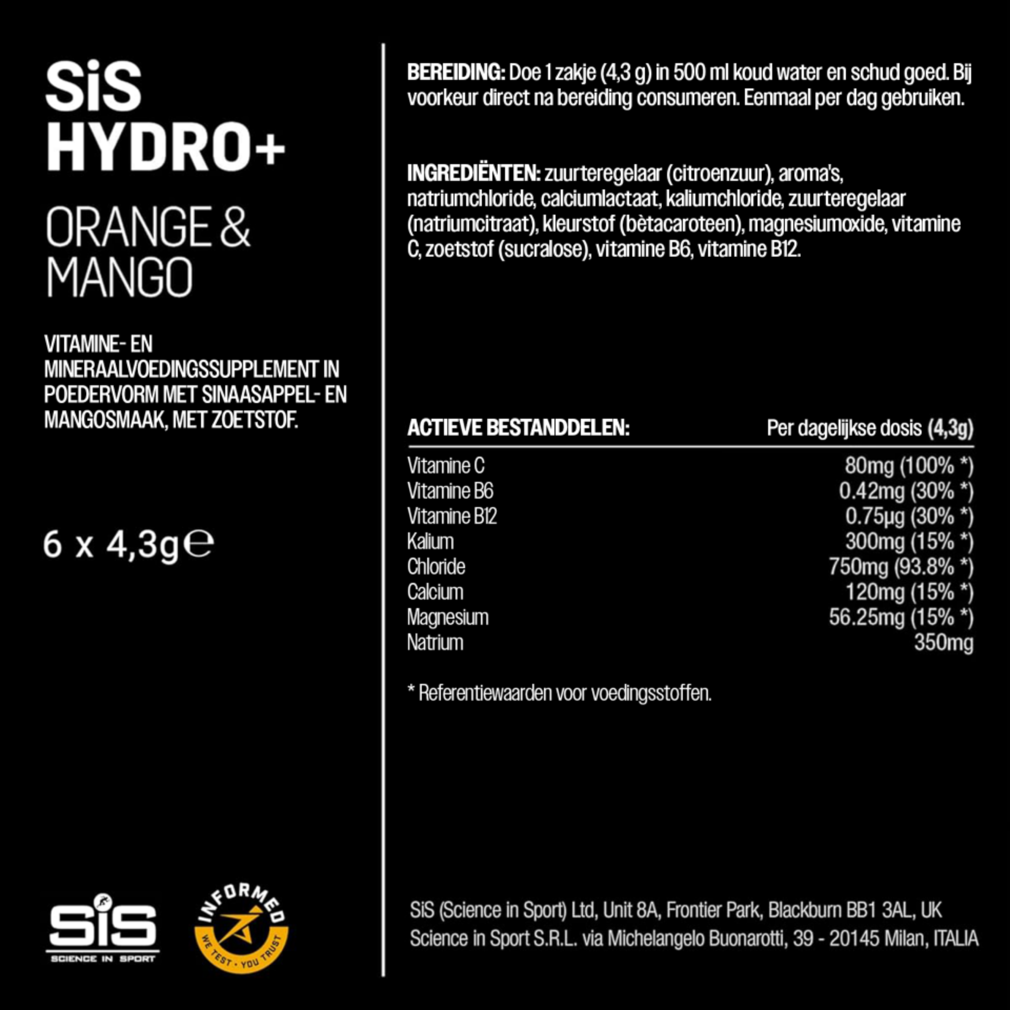 Voedingswaarden en ingrediënten SiS Hydro+ Orange Mango - vitamine C, B6, B12 en 5 mineralen