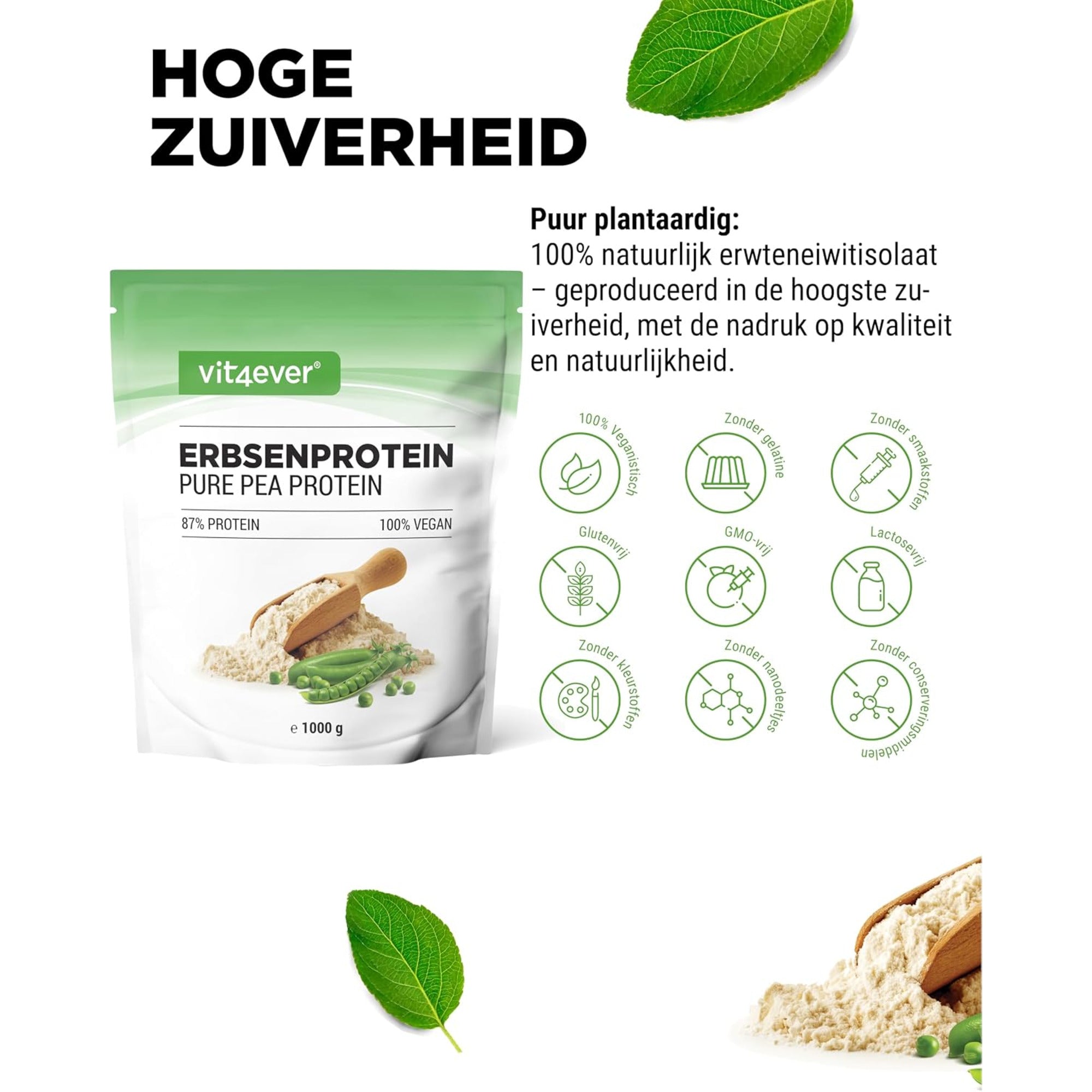 Vit4ever erwteneiwit 1000 g - 100% natuurlijk erwteneiwitisolaat, glutenvrij, lactosevrij, GMO-vrij en vegan