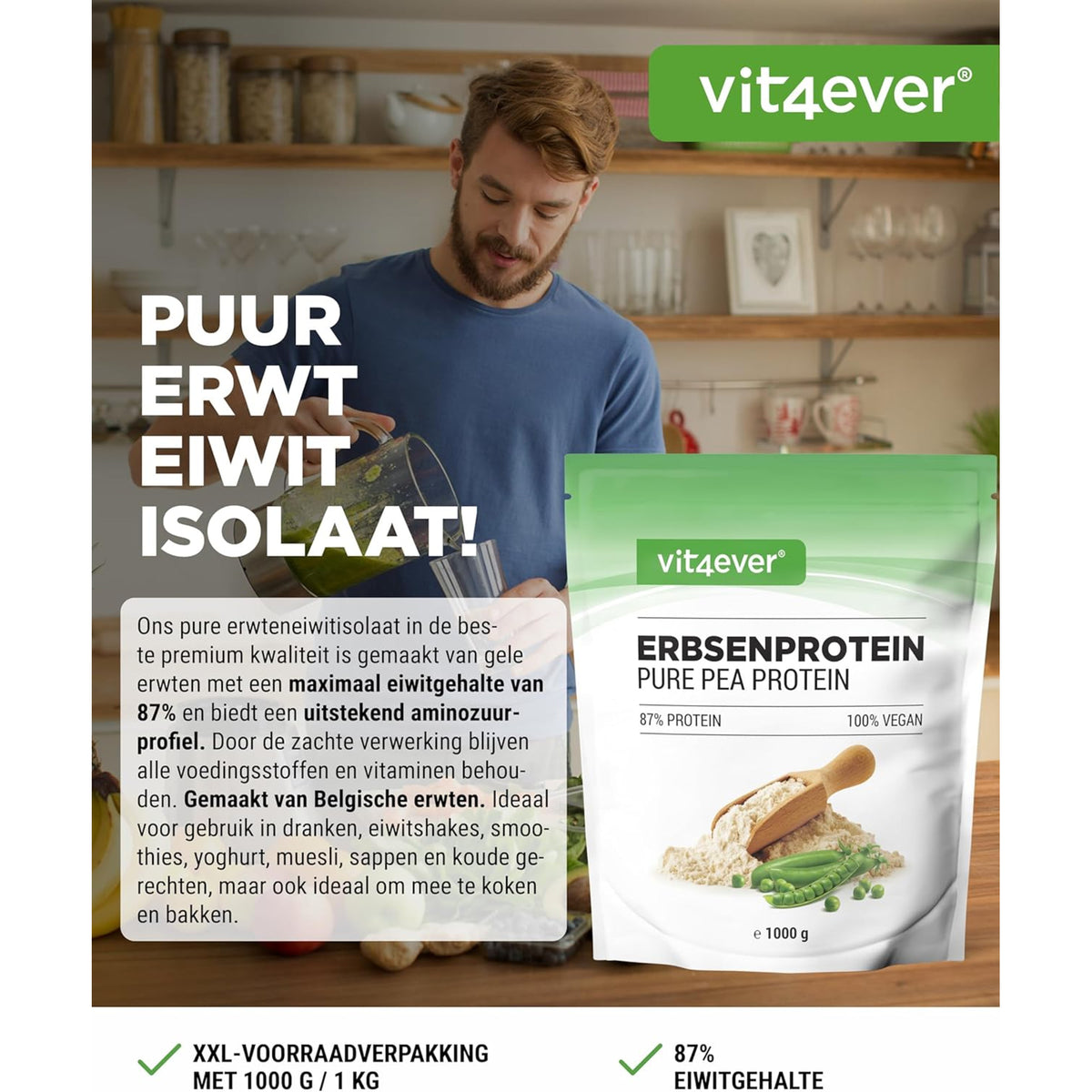 Vit4ever erwteneiwit isolaat gemengd tot shake - gemaakt van Belgische gele erwten met 87% eiwitgehalte