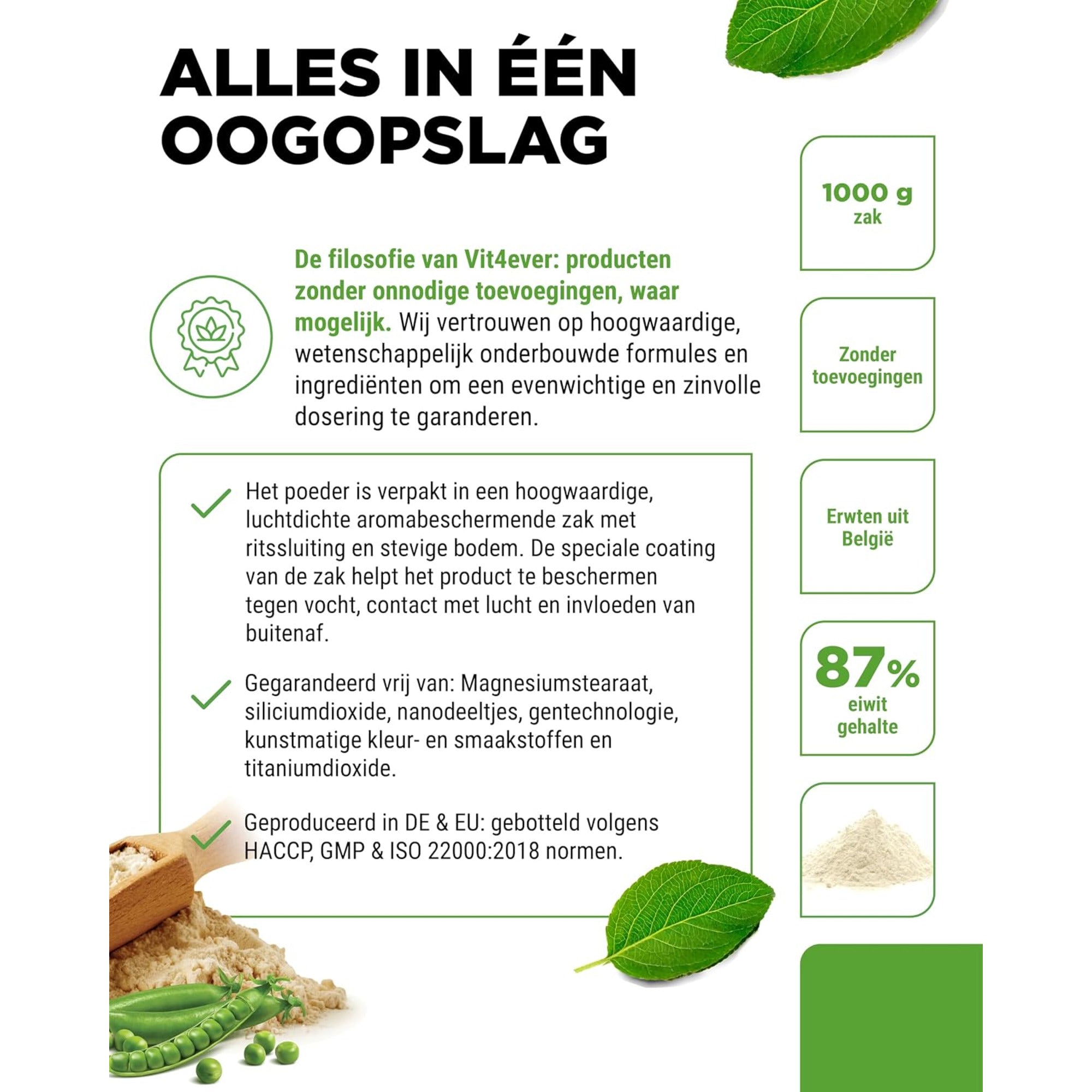 Kenmerken Vit4ever erwteneiwit 1000 g - zonder toevoegingen, erwten uit België, 87% eiwit, HACCP en GMP