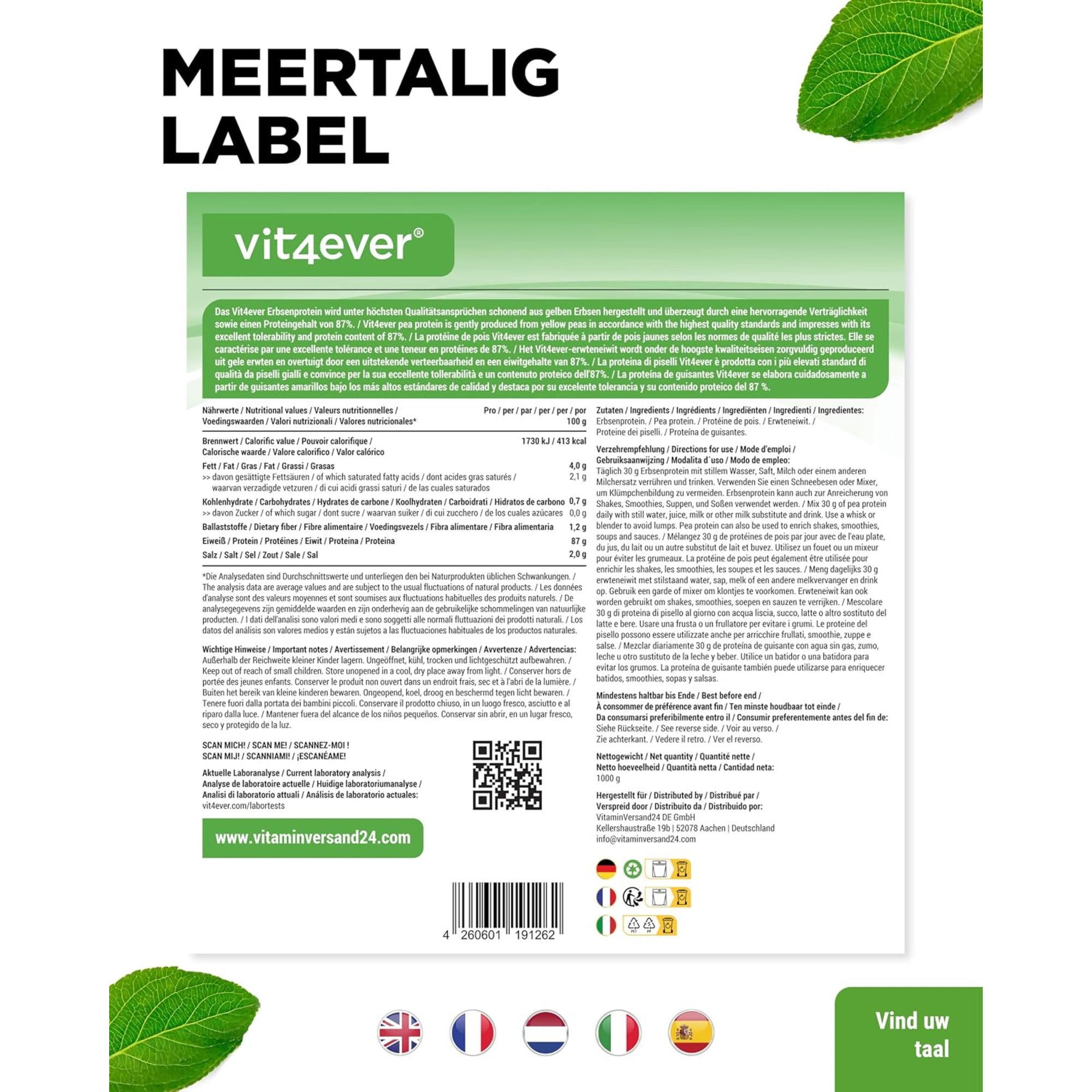 Meertalig label Vit4ever erwteneiwit 1000 g met voedingswaarden, ingrediënten en gebruiksaanwijzing in 6 talen