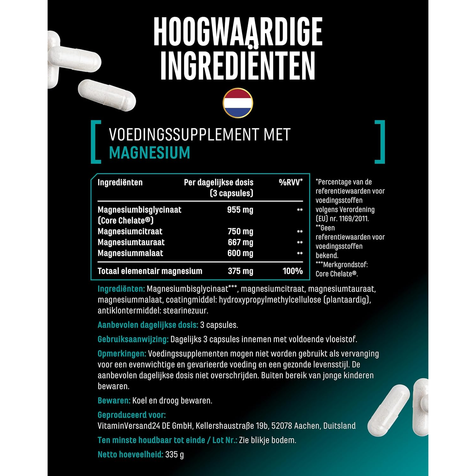 Ingredienten en voedingswaarde magnesium per dagelijkse dosis