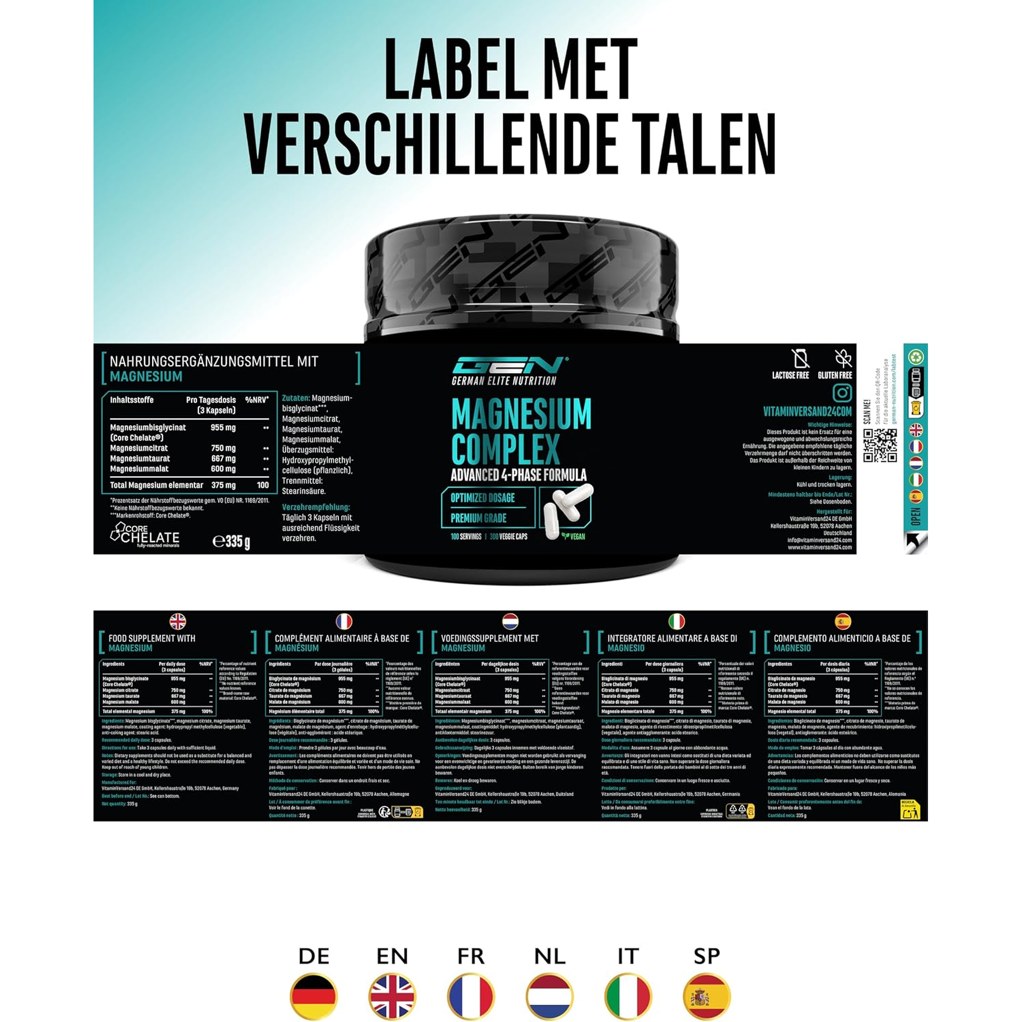 GEN Magnesium Complex etiket in meerdere talen