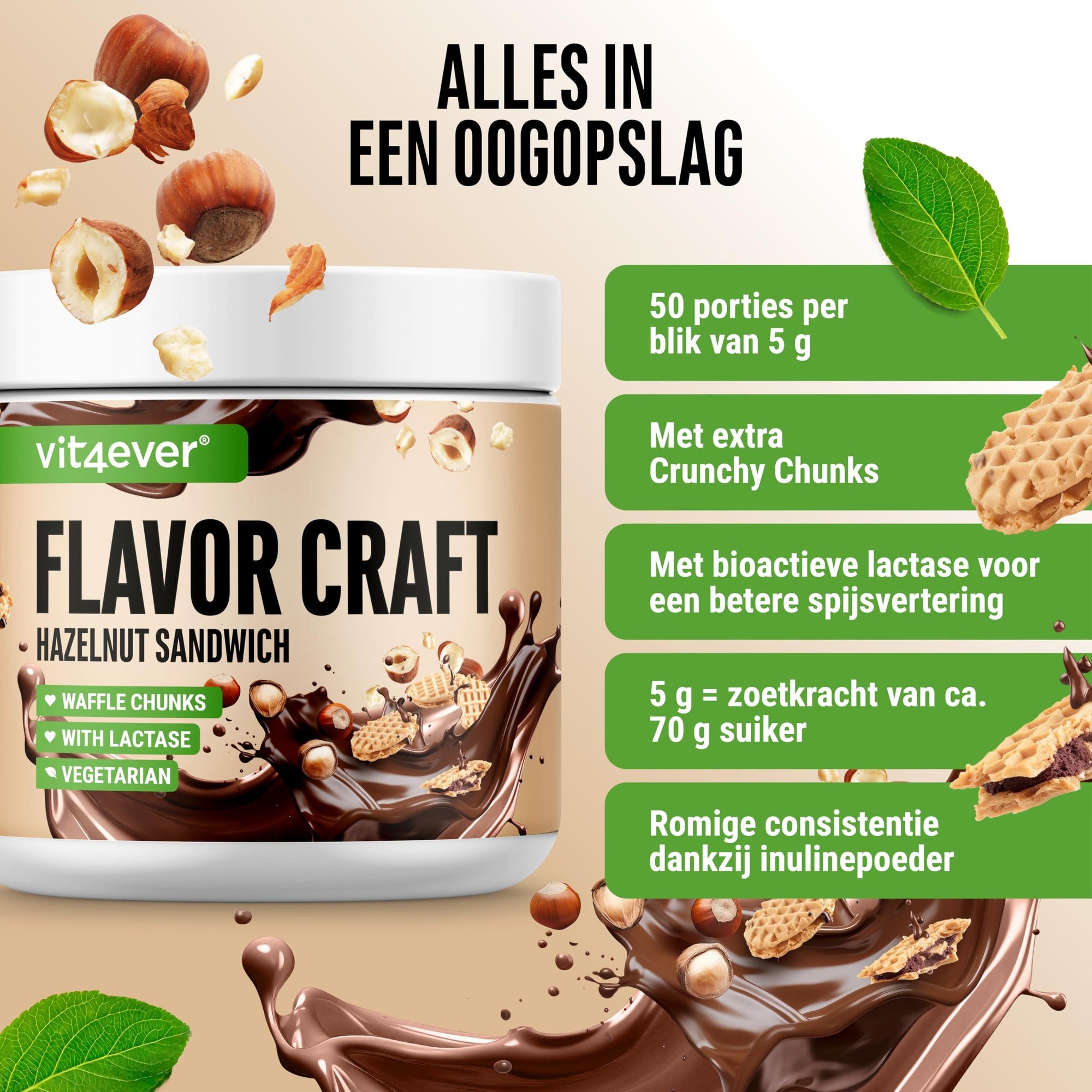 Vit4ever Flavor Craft Hazelnoot sandwich 250 g smaakpoeder met 50 porties en romige consistentie
