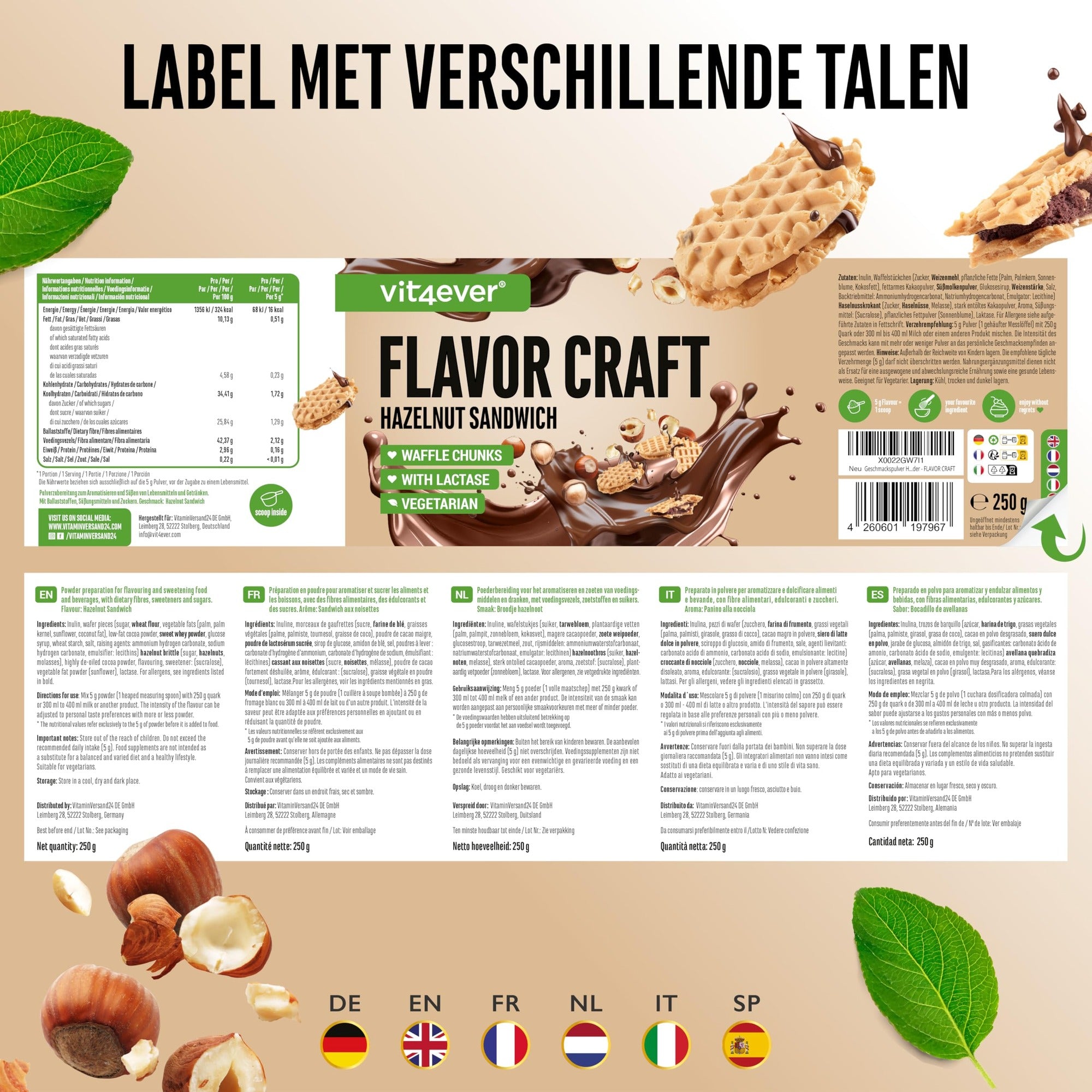 Etiket en ingrediënten Vit4ever Flavor Craft Hazelnoot sandwich smaakpoeder 250 g
