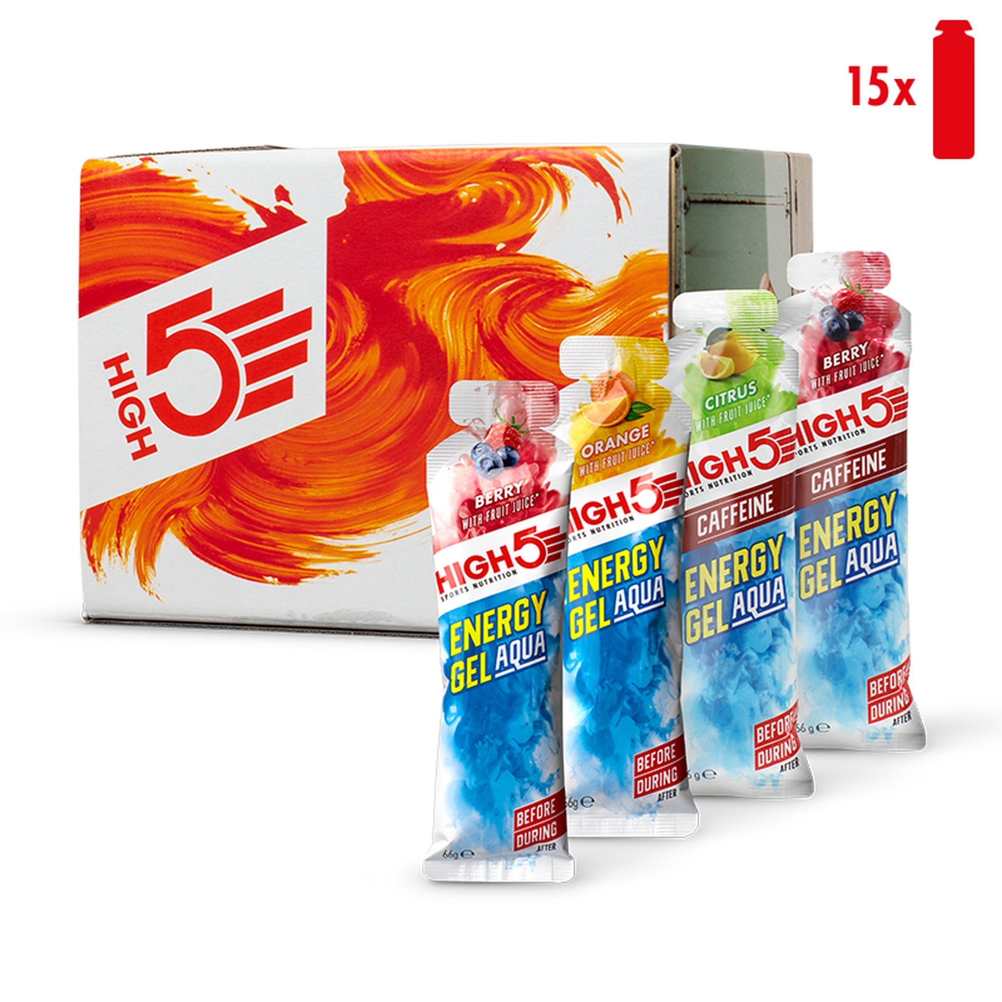 HIGH5 Energy Gel Aqua Mixed Pack 15 stuks - isotone energiegel met en zonder cafeïne, 23 g koolhydraten | kopen in Nederland en België