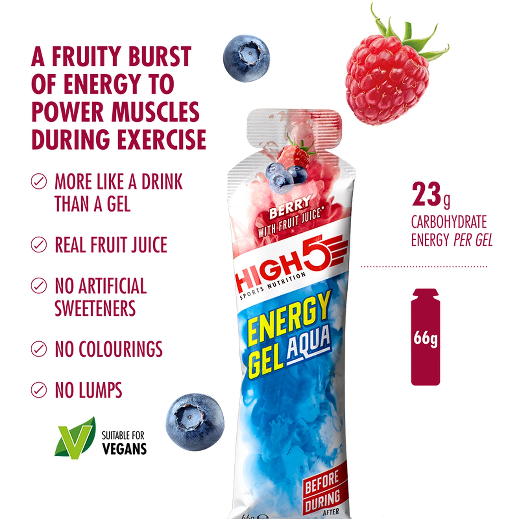 HIGH5 Energy Gel Aqua Berry 66 g - drinkbare energiegel met 23 g koolhydraten, vegan, geen water nodig