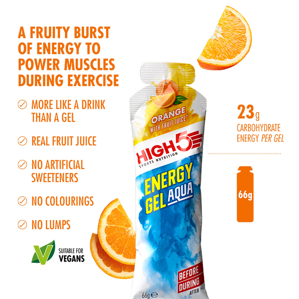 HIGH5 Energy Gel Aqua Orange 66 g - isotone energiegel met 23 g koolhydraten en echt vruchtensap