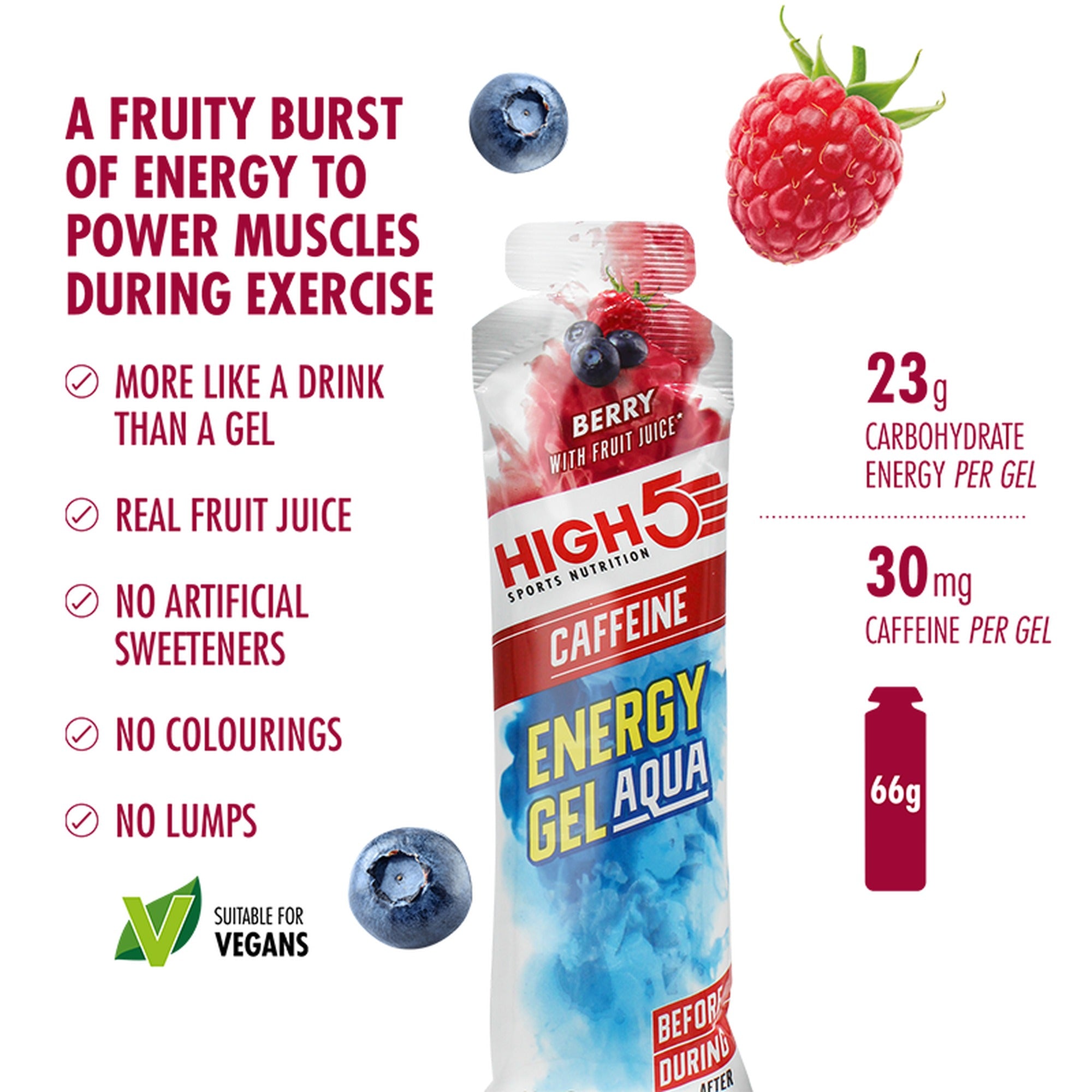 HIGH5 Energy Gel Aqua Caffeine Berry 66 g - energiegel met 30 mg cafeïne voor de slotfase van je wedstrijd