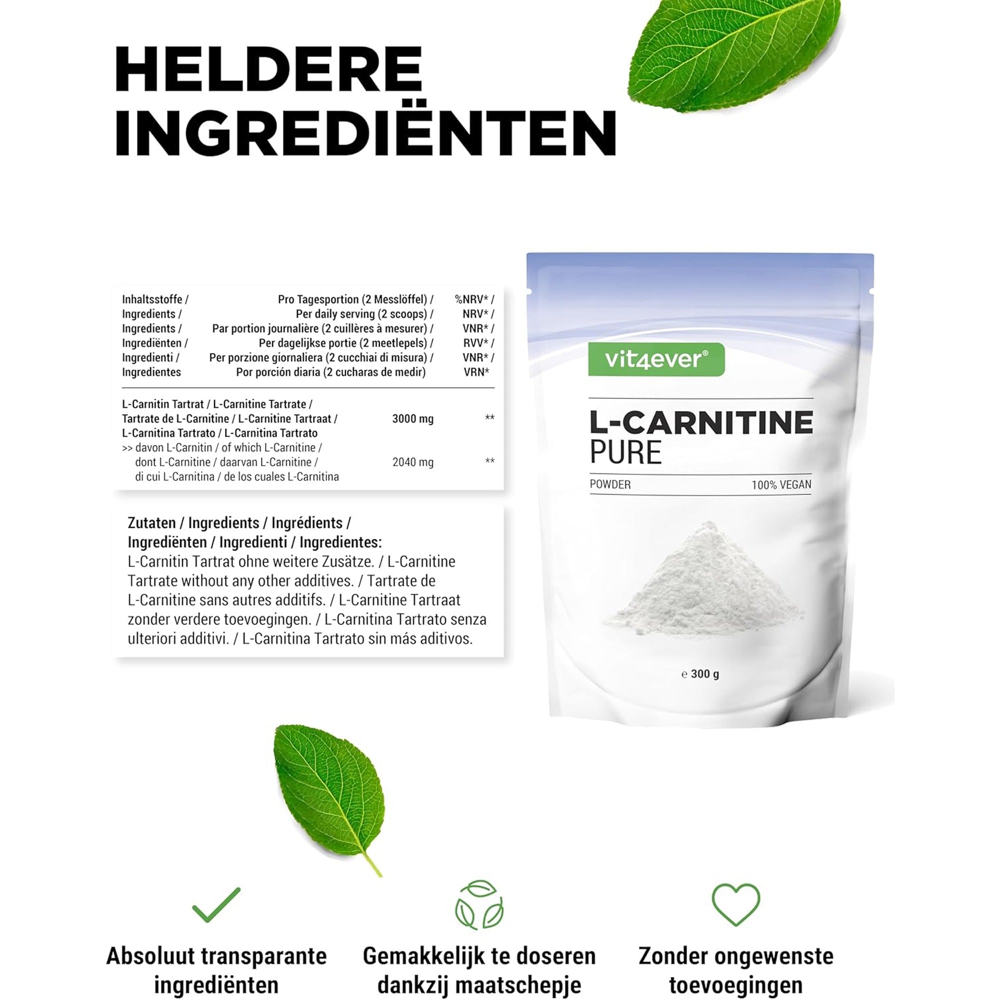 100% zuiver L-carnitine poeder in hersluitbare verpakking