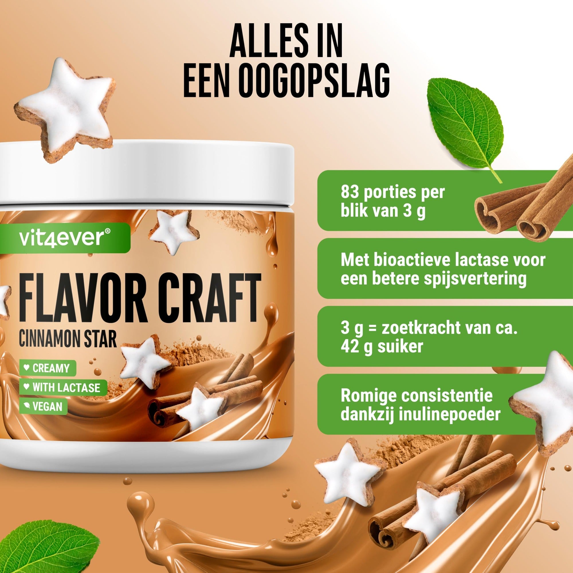 Vit4ever Flavor Craft Kaneelster 250 g smaakpoeder met 50 porties en romige consistentie