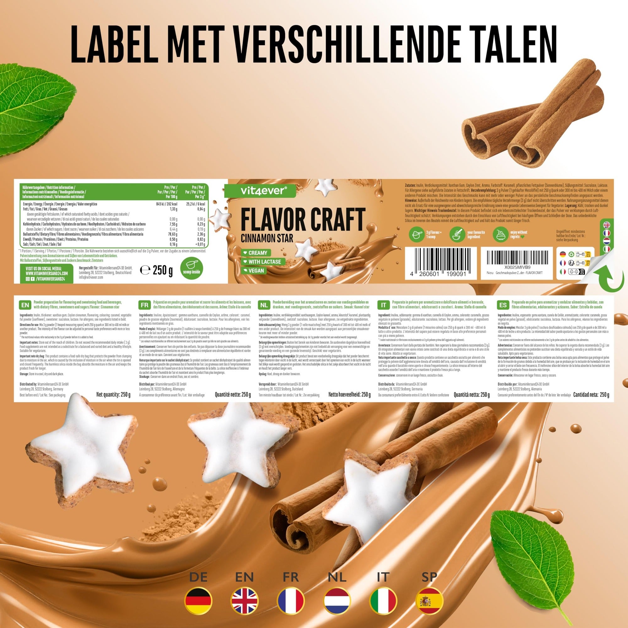 Etiket en ingrediënten Vit4ever Flavor Craft Kaneelster smaakpoeder 250 g