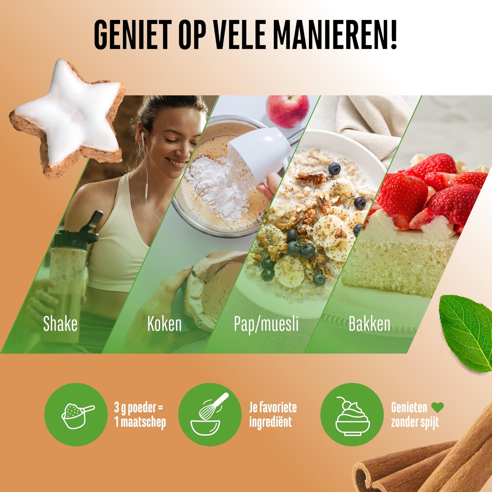 Vit4ever Flavor Craft Kaneelster smaakpoeder in shake, kwark, havermout en baksels