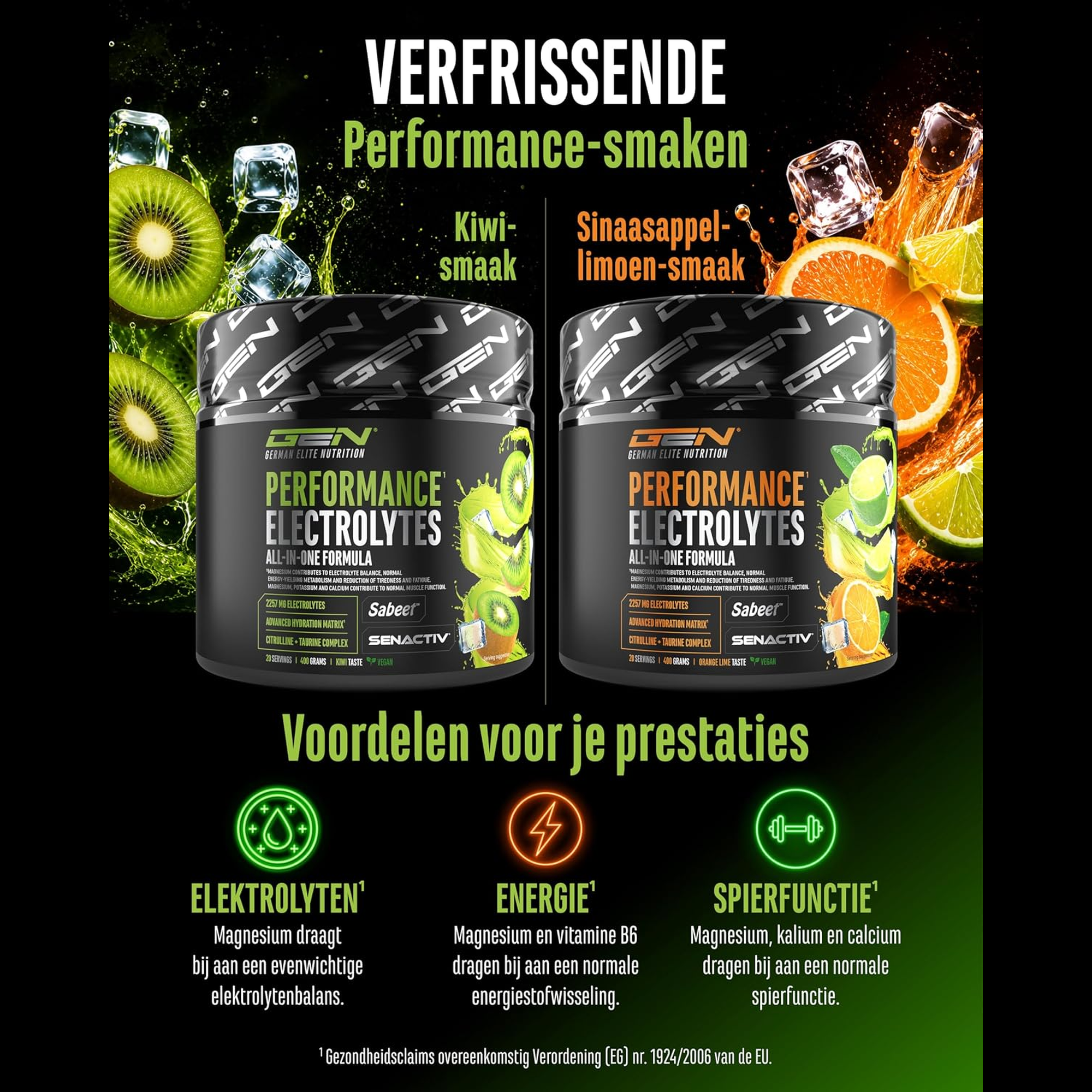 Performance Electrolytes smaken kiwi en sinaasappel-limoen met voordelen
